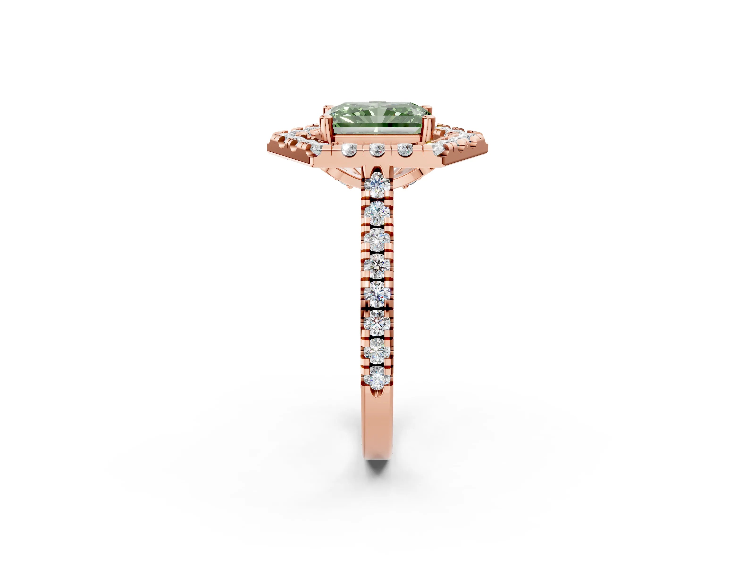 Rose gold Hexagonal Halo Fancy Green Radiant Cut Diamond Pavé Band with Four-Prong Setting_2