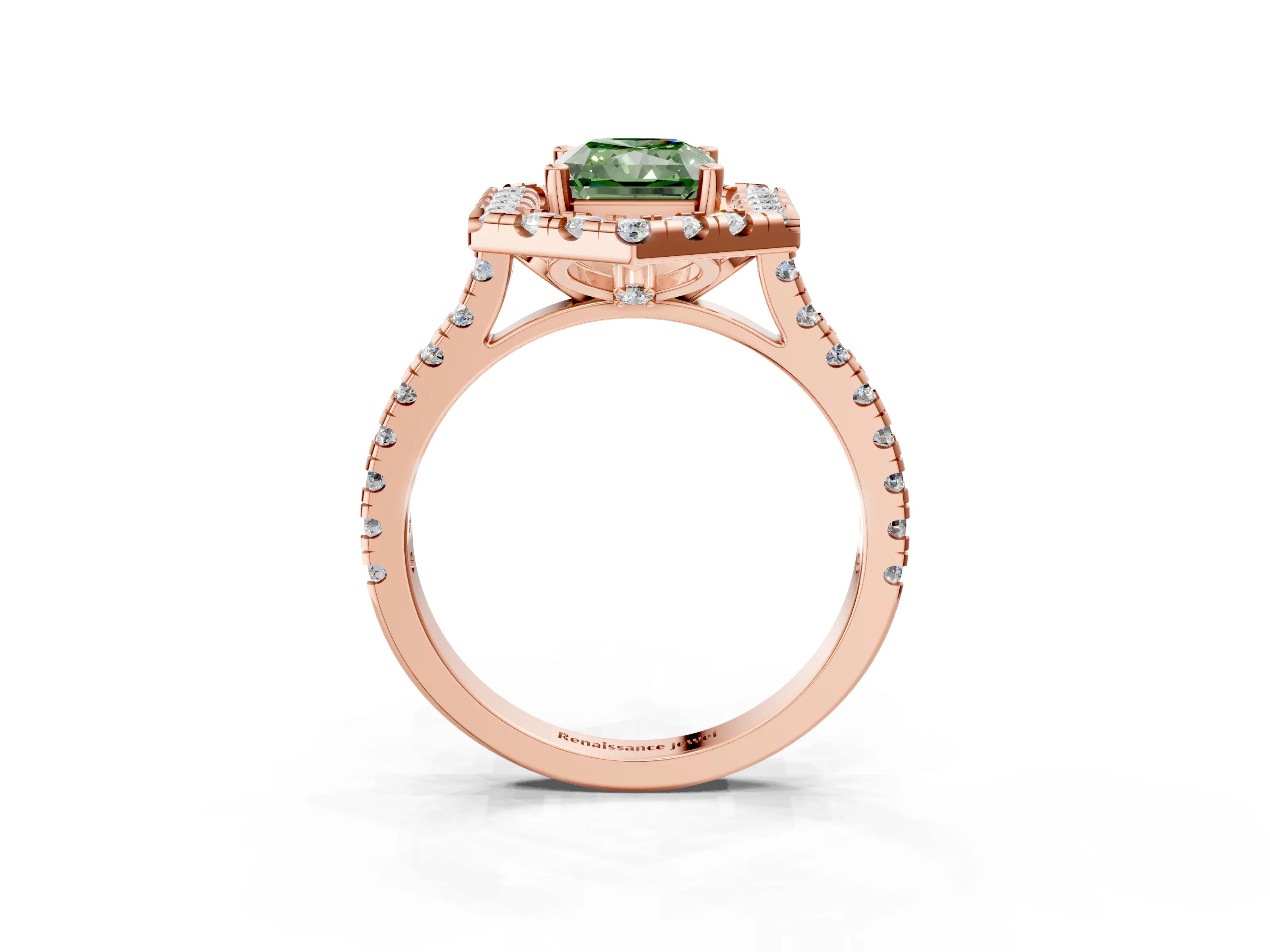 Rose gold Hexagonal Halo Fancy Green Radiant Cut Diamond Pavé Band with Four-Prong Setting_3