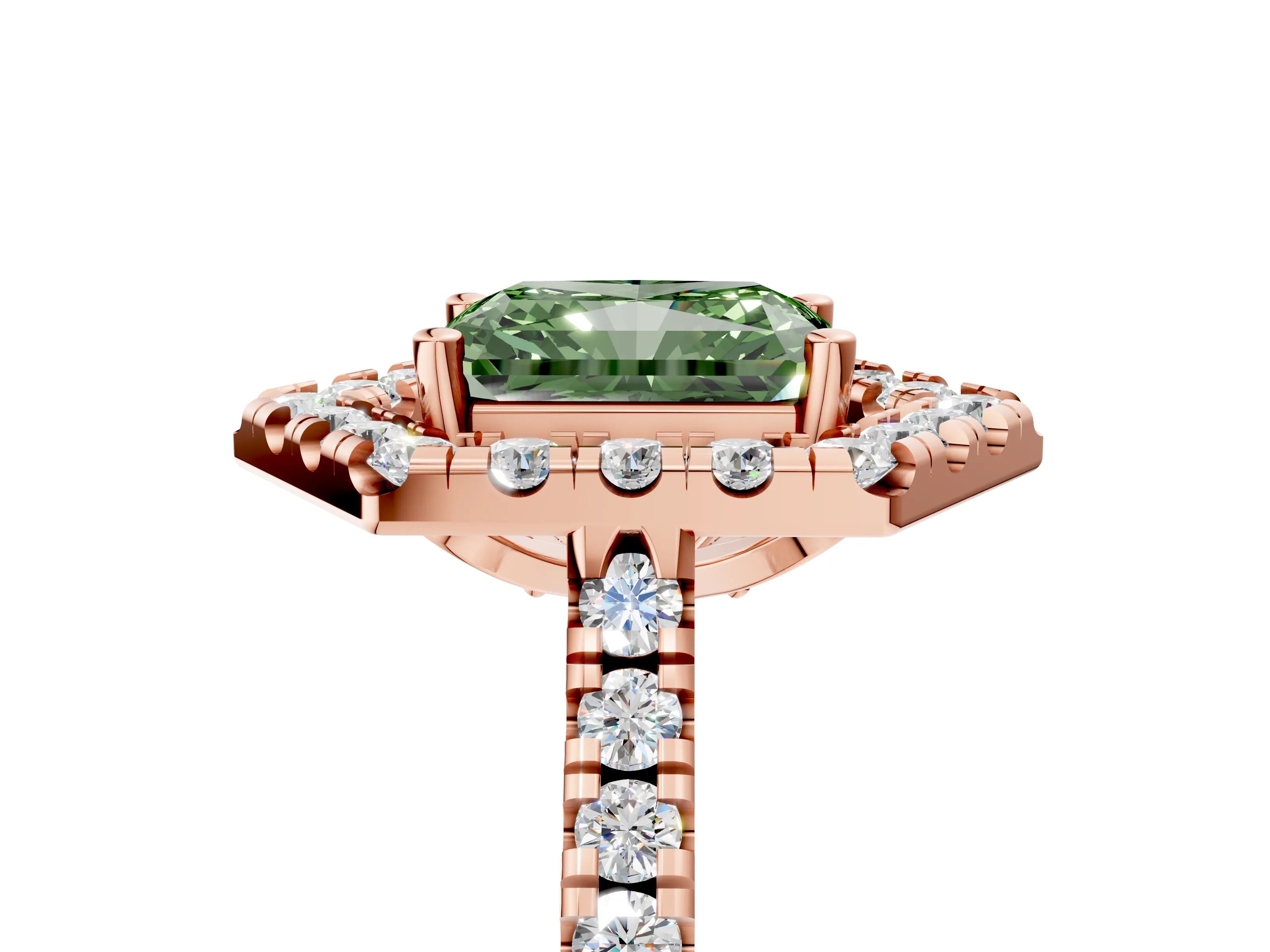 Rose gold Hexagonal Halo Fancy Green Radiant Cut Diamond Pavé Band with Four-Prong Setting_5