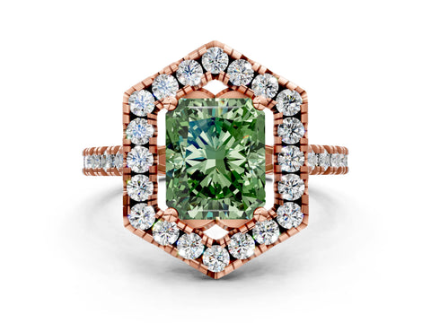 Rose gold Hexagonal Halo Fancy Green Radiant Cut Diamond Pavé Band with Four-Prong Setting
