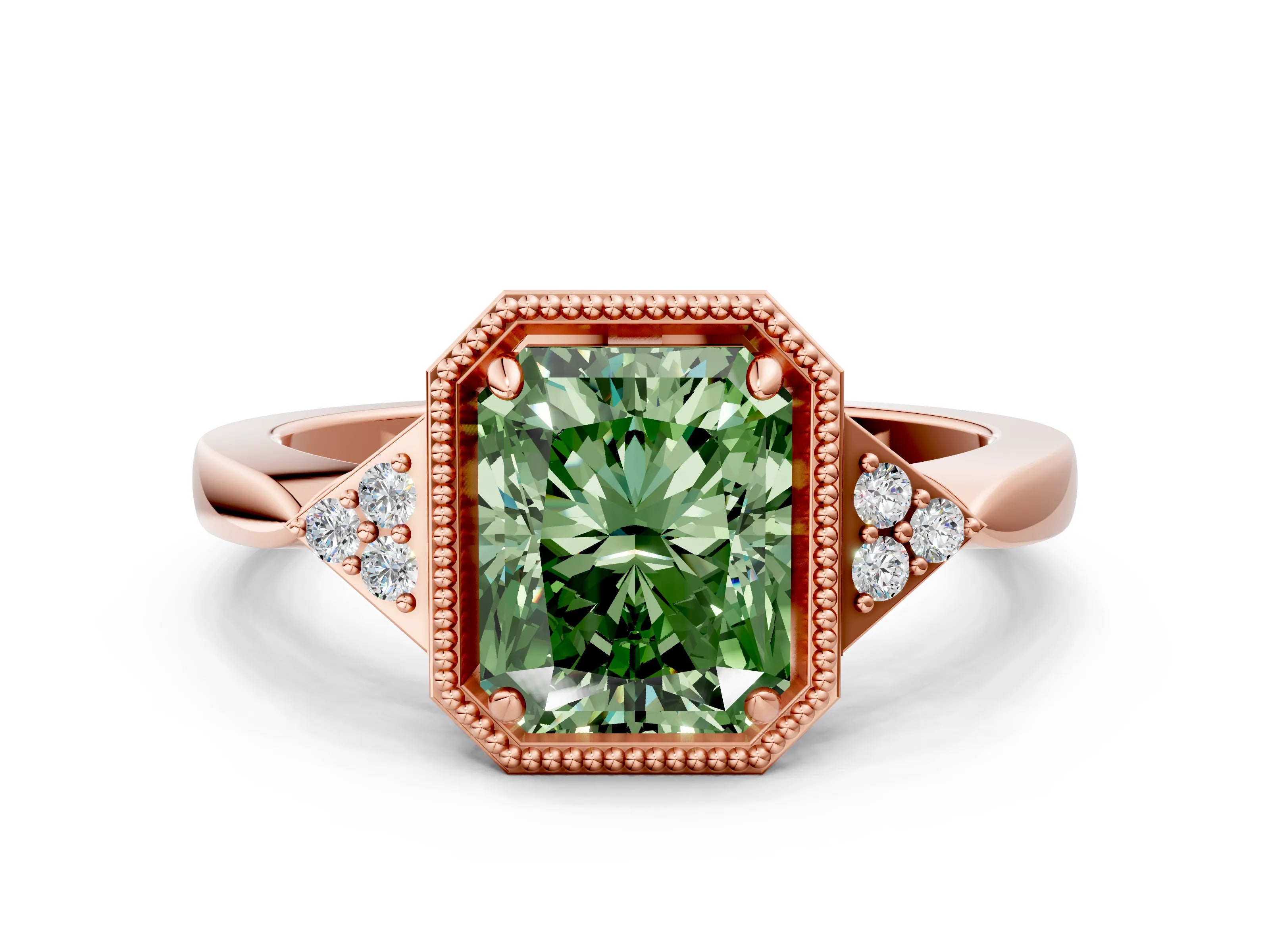 Rose gold Hexagonal Halo Fancy Green Radiant Cut Diamond Solitaire with Pavé Band and Four-Prong Setting_3