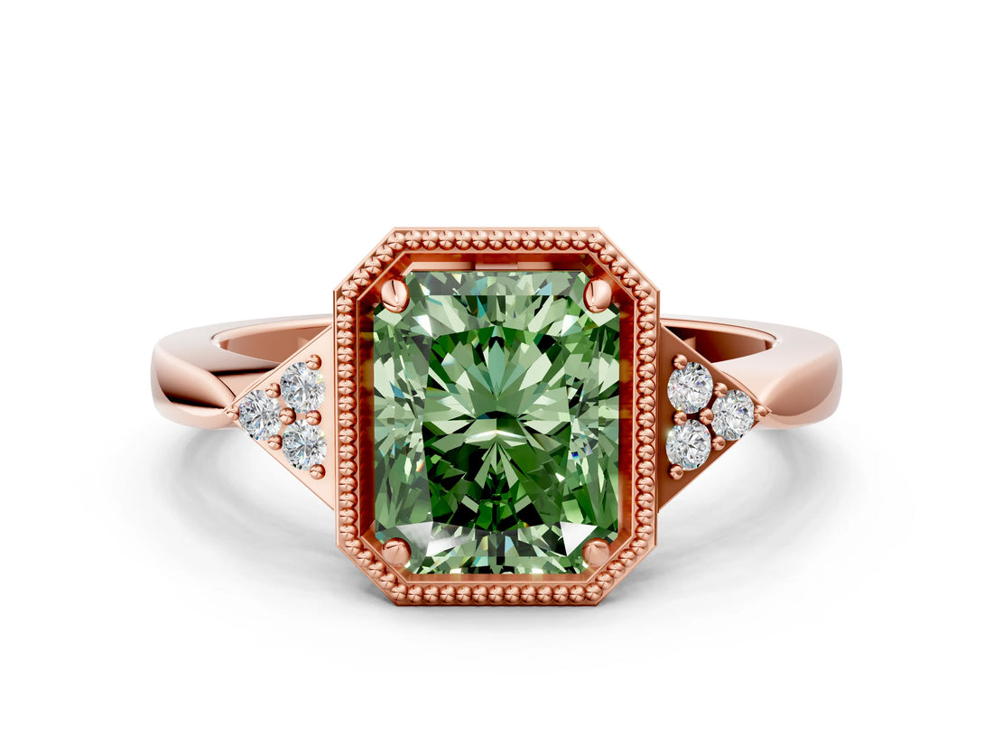 Rose gold Hexagonal Halo Fancy Green Radiant Cut Diamond Solitaire with Pavé Band and Four-Prong Setting_3