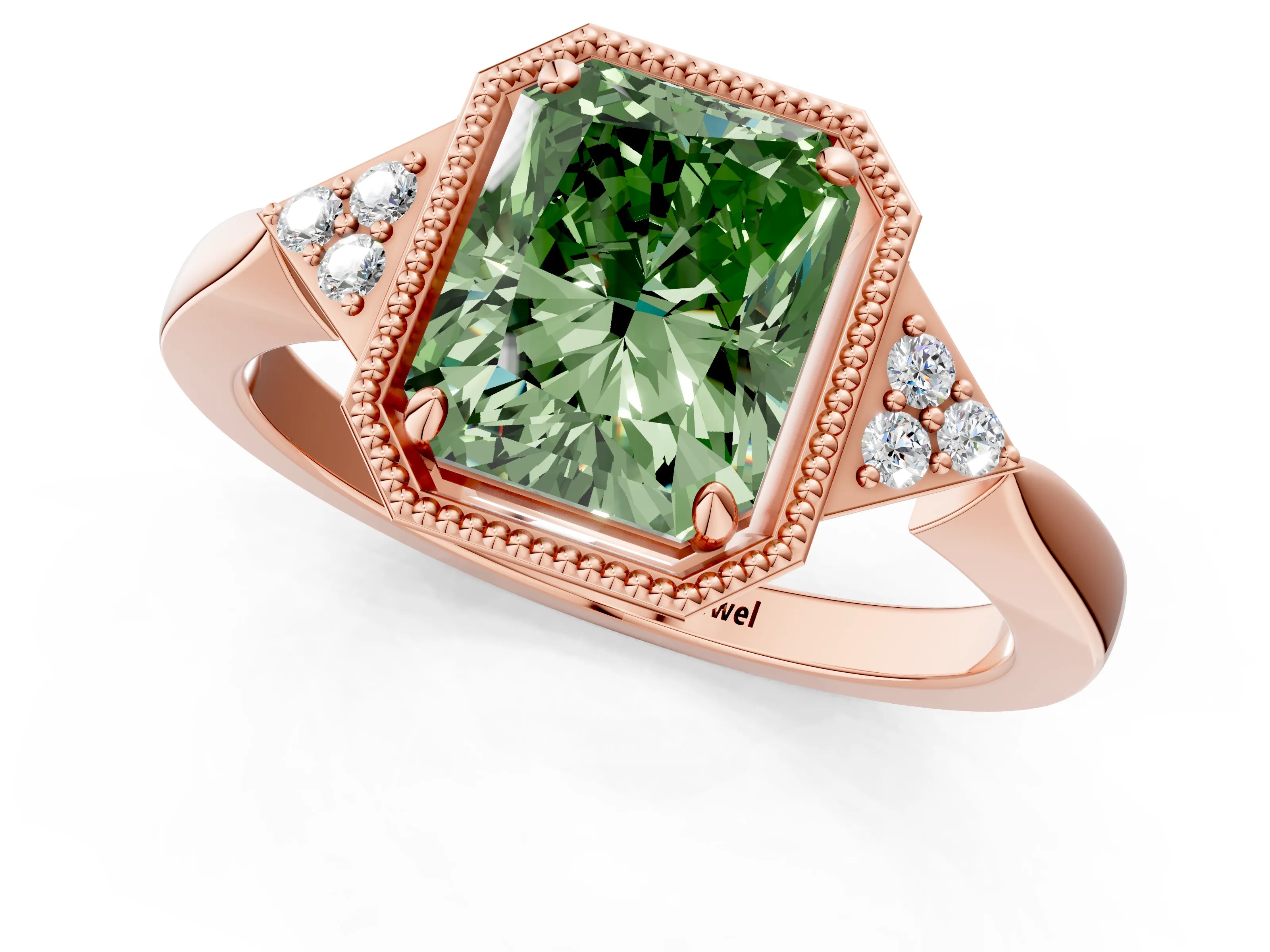 Rose gold Hexagonal Halo Fancy Green Radiant Cut Diamond Solitaire with Pavé Band and Four-Prong Setting_4