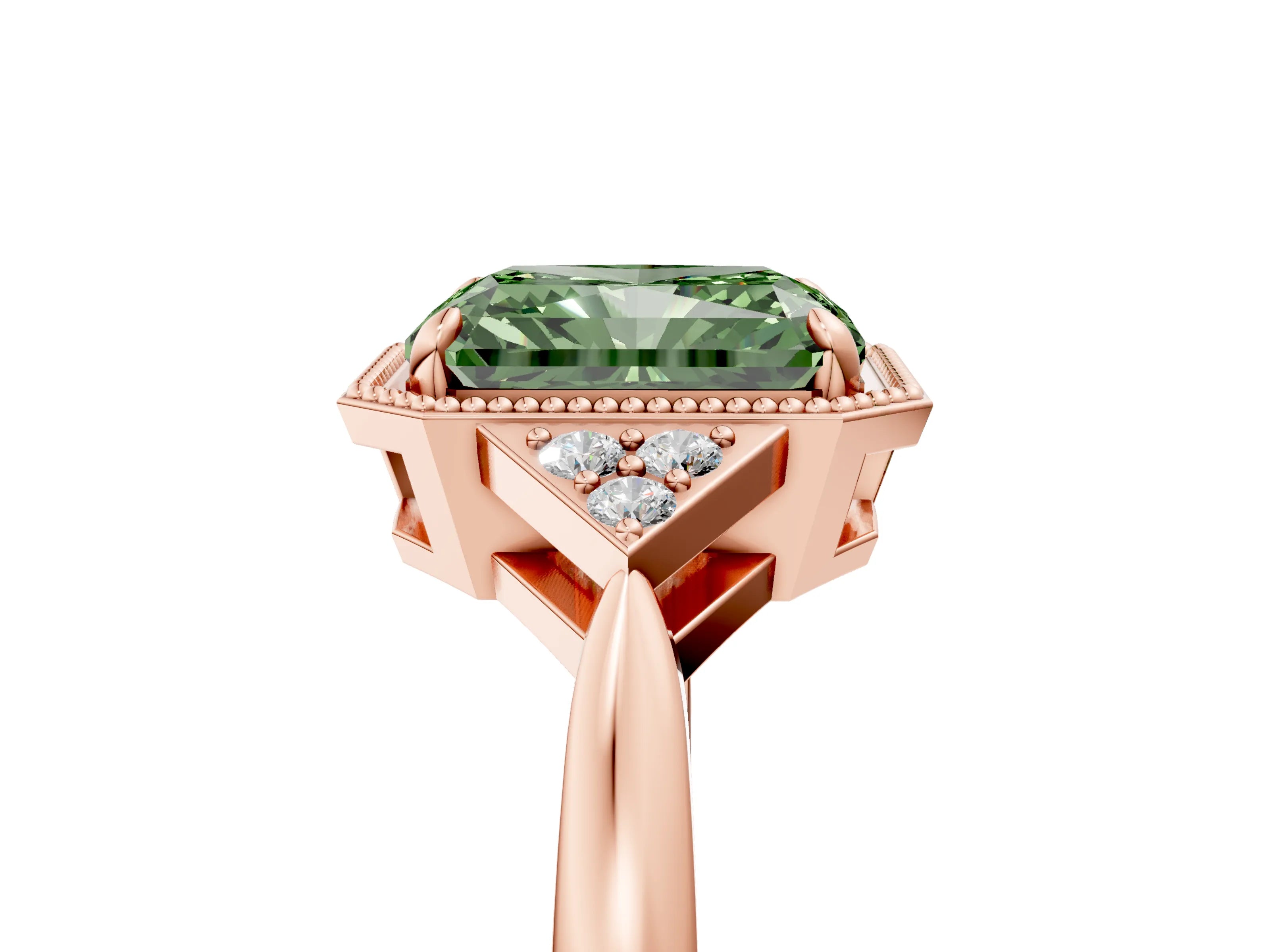 Rose gold Hexagonal Halo Fancy Green Radiant Cut Diamond Solitaire with Pavé Band and Four-Prong Setting_8