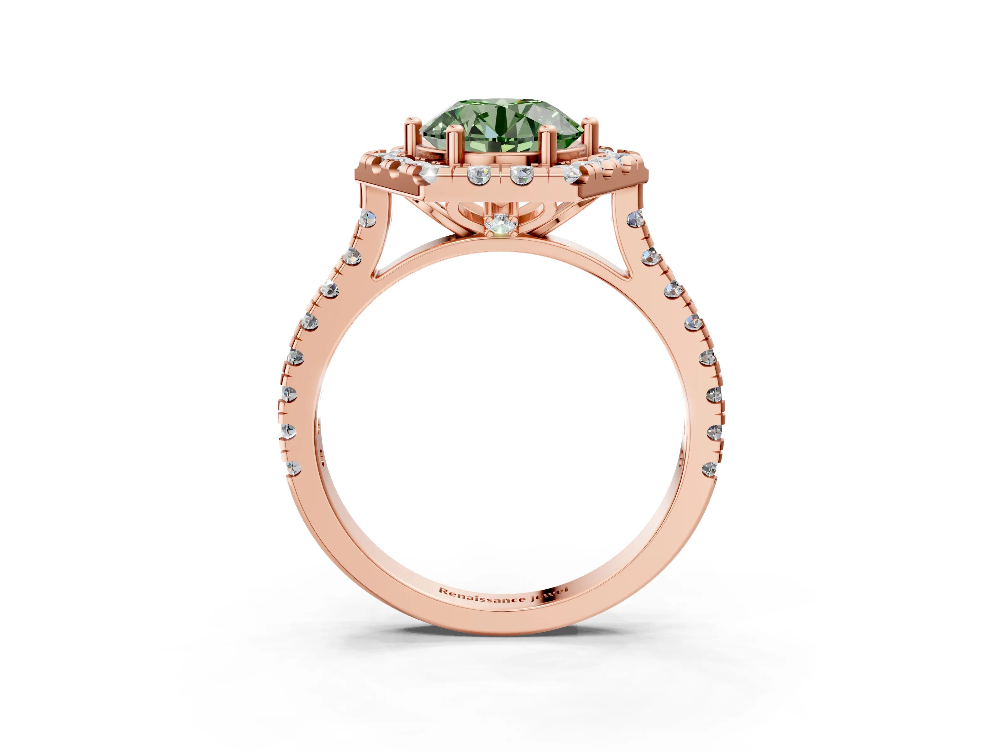 Rose gold Hexagonal Halo Fancy Green Round Cut Diamond Pavé Band with Four-Prong Setting_3