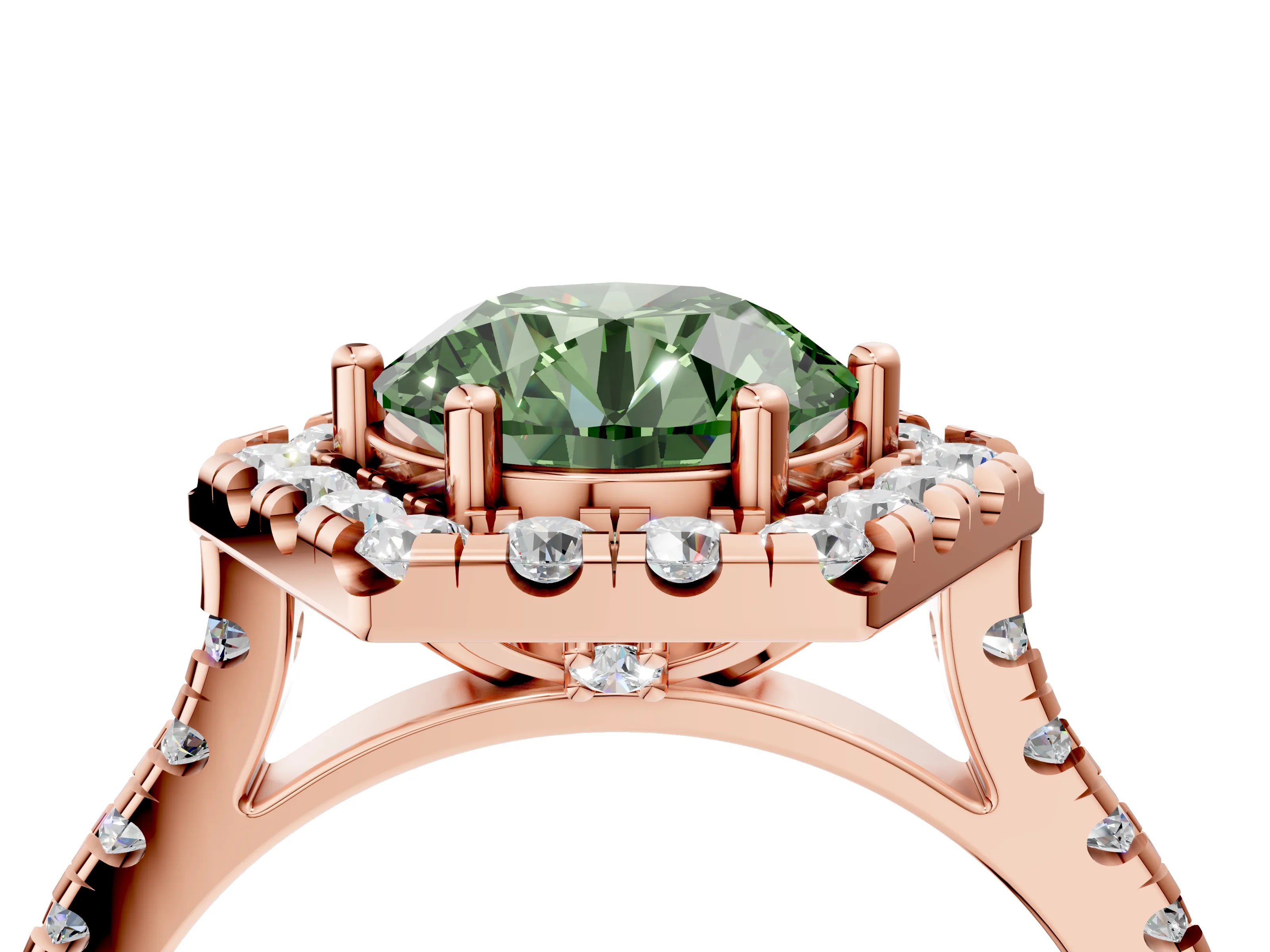 Rose gold Hexagonal Halo Fancy Green Round Cut Diamond Pavé Band with Four-Prong Setting_4