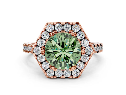 Rose gold Hexagonal Halo Fancy Green Round Cut Diamond Pavé Band with Four-Prong Setting