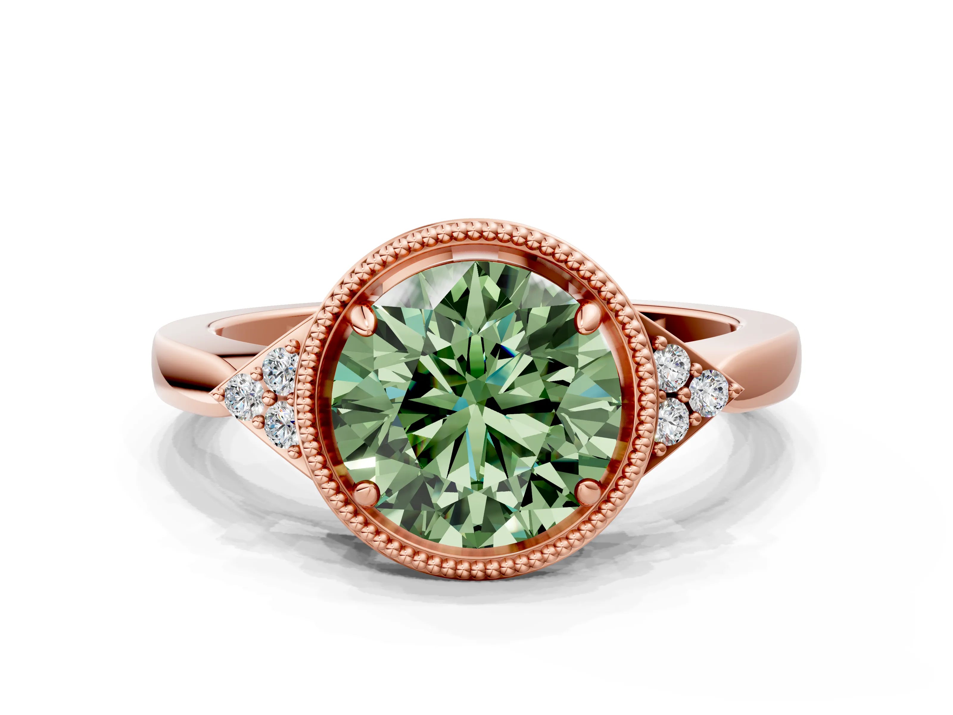 Rose gold Hexagonal Halo Fancy Green Round Cut Diamond Solitaire with Pavé Band and Four-Prong Setting_3
