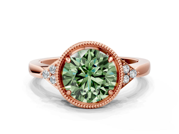Rose gold Hexagonal Halo Fancy Green Round Cut Diamond Solitaire with Pavé Band and Four-Prong Setting