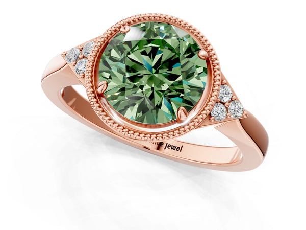Rose gold Hexagonal Halo Fancy Green Round Cut Diamond Solitaire with Pavé Band and Four-Prong Setting