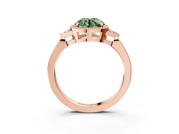 Rose gold Hexagonal Halo Fancy Green Round Cut Diamond Solitaire with Pavé Band and Four-Prong Setting