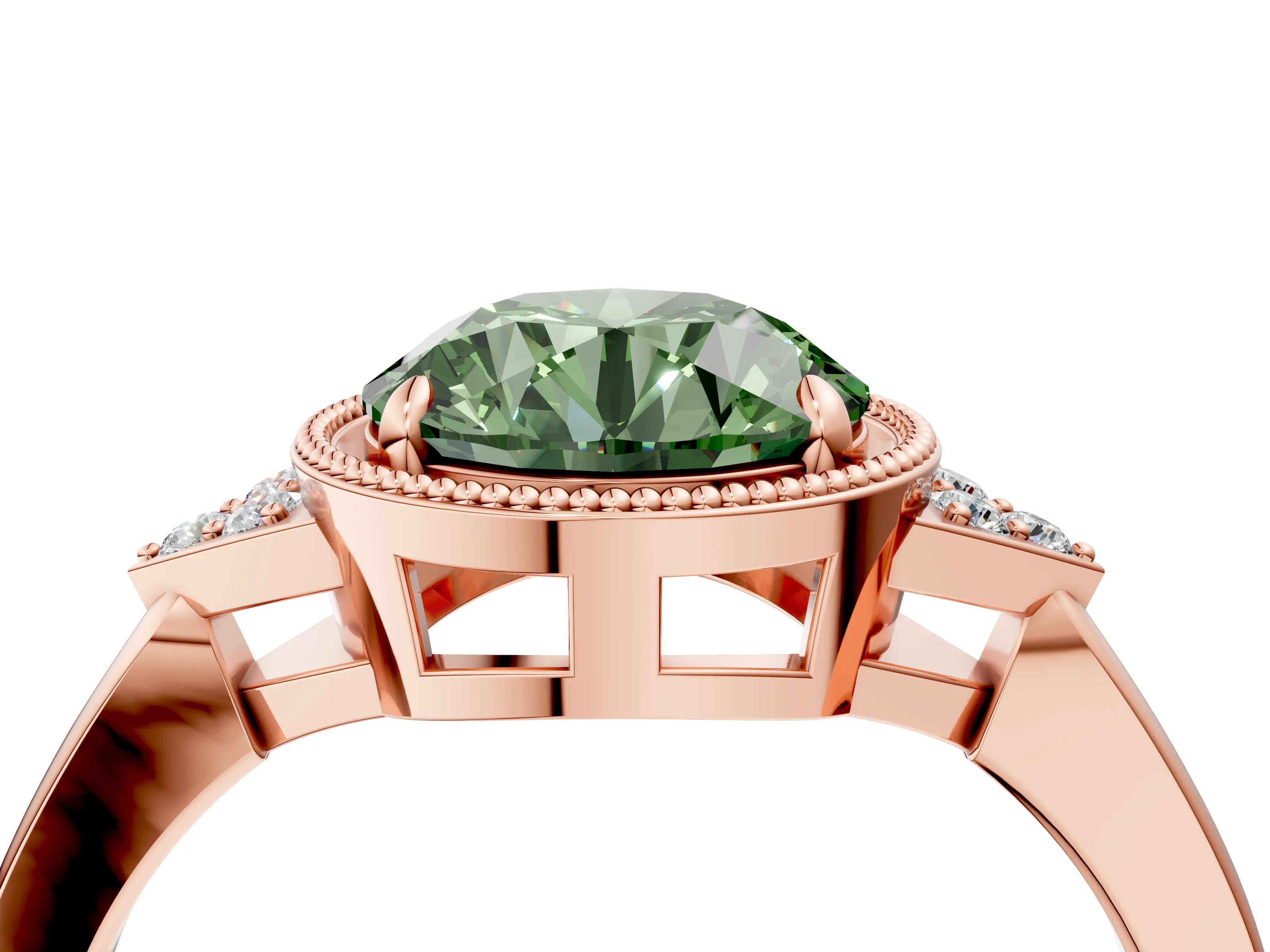 Rose gold Hexagonal Halo Fancy Green Round Cut Diamond Solitaire with Pavé Band and Four-Prong Setting_7