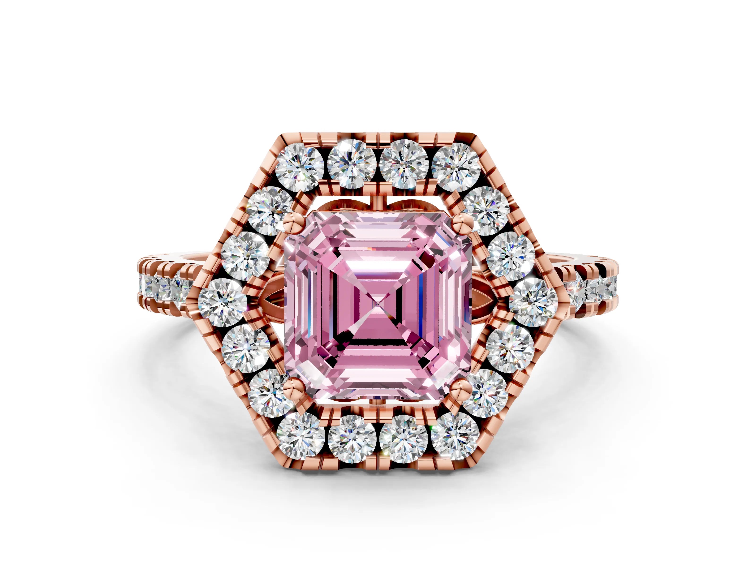 Rose gold Hexagonal Halo Fancy Pink Asscher Cut Diamond Pavé Band with Four-Prong Setting