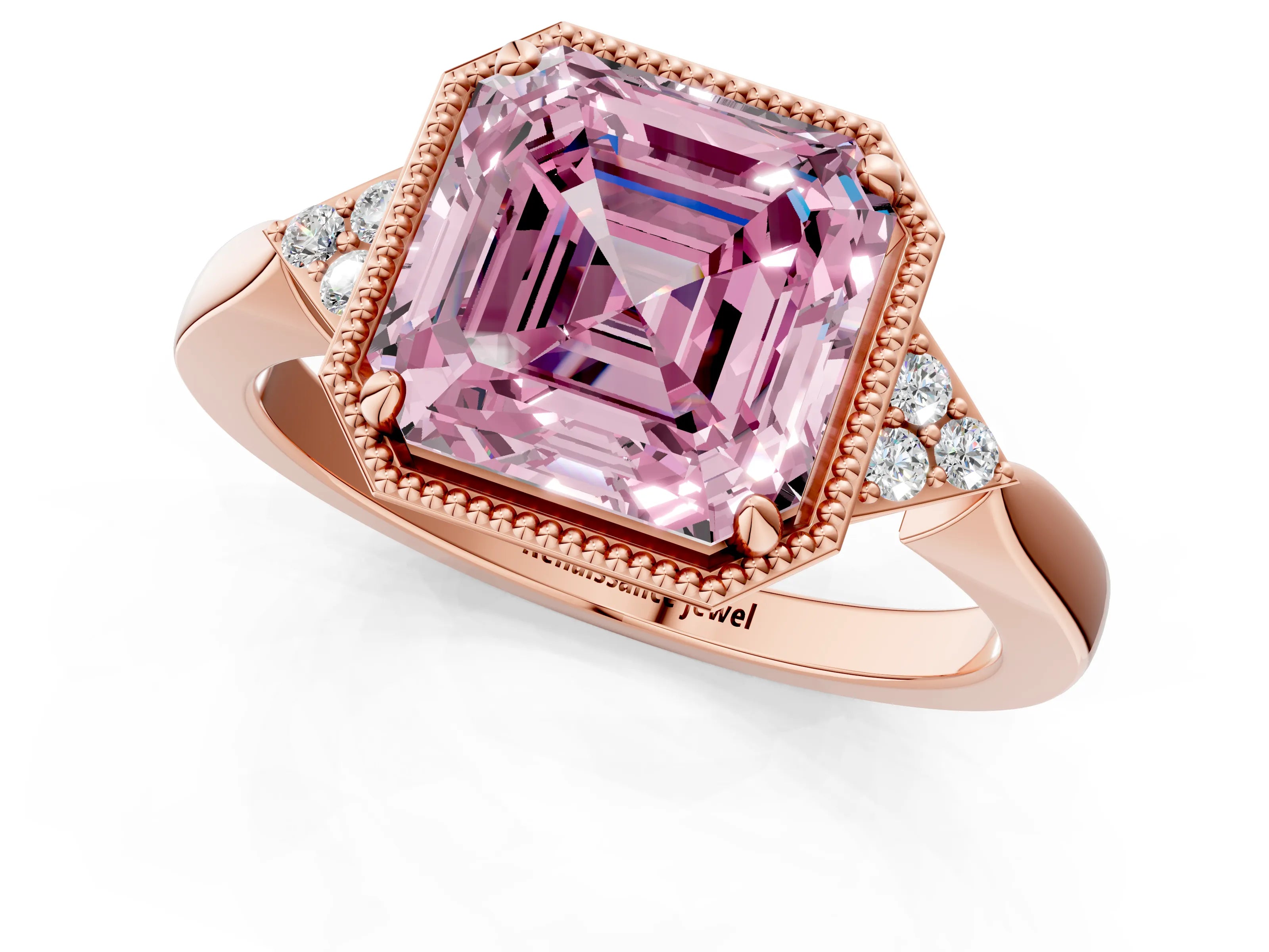 Rose gold Hexagonal Halo Fancy Pink Asscher Cut Diamond Solitaire with Pavé Band and Four-Prong Setting_4