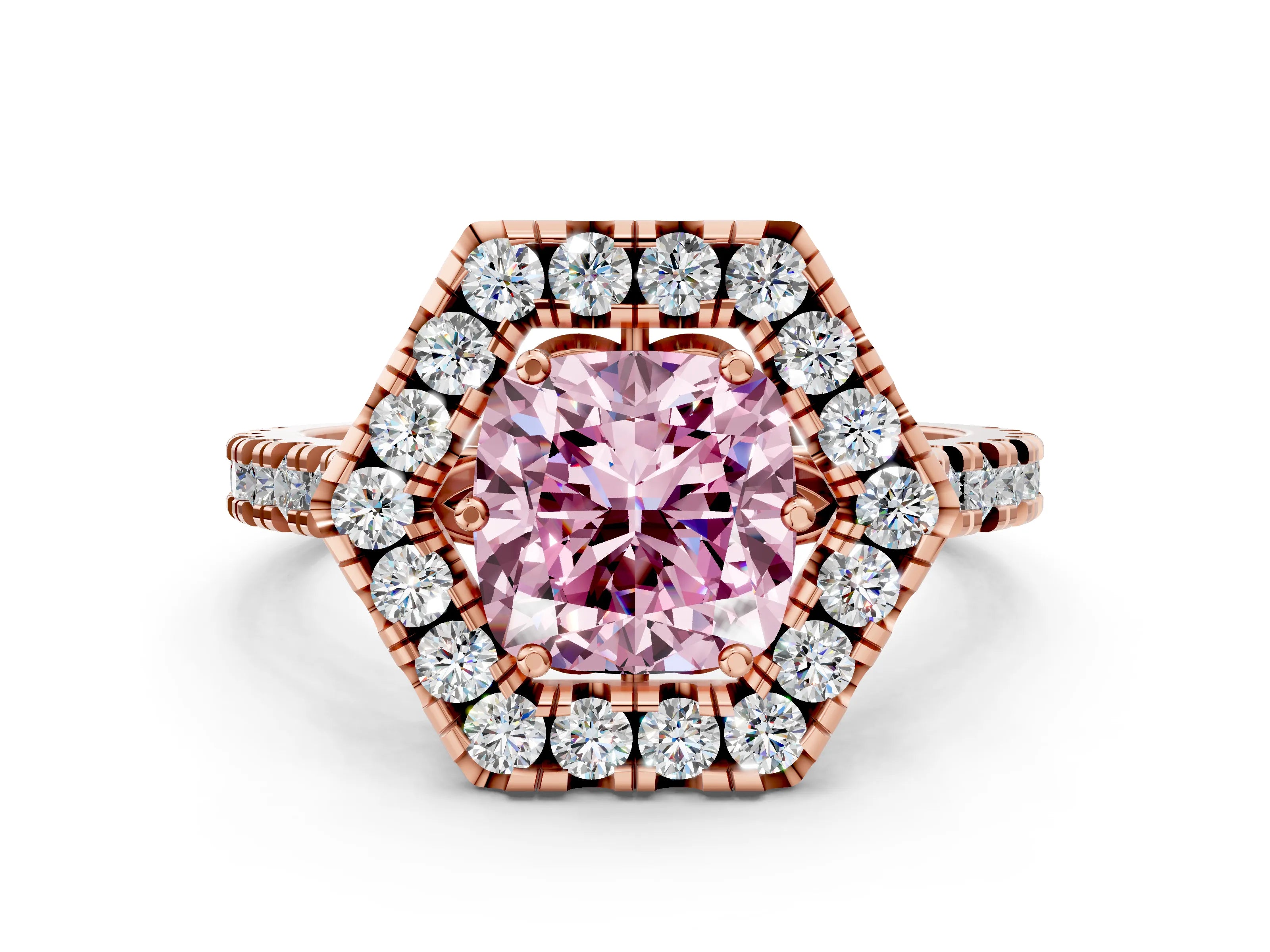 Rose gold Hexagonal Halo Fancy Pink Cushion Cut Diamond Pavé Band with Four-Prong Setting