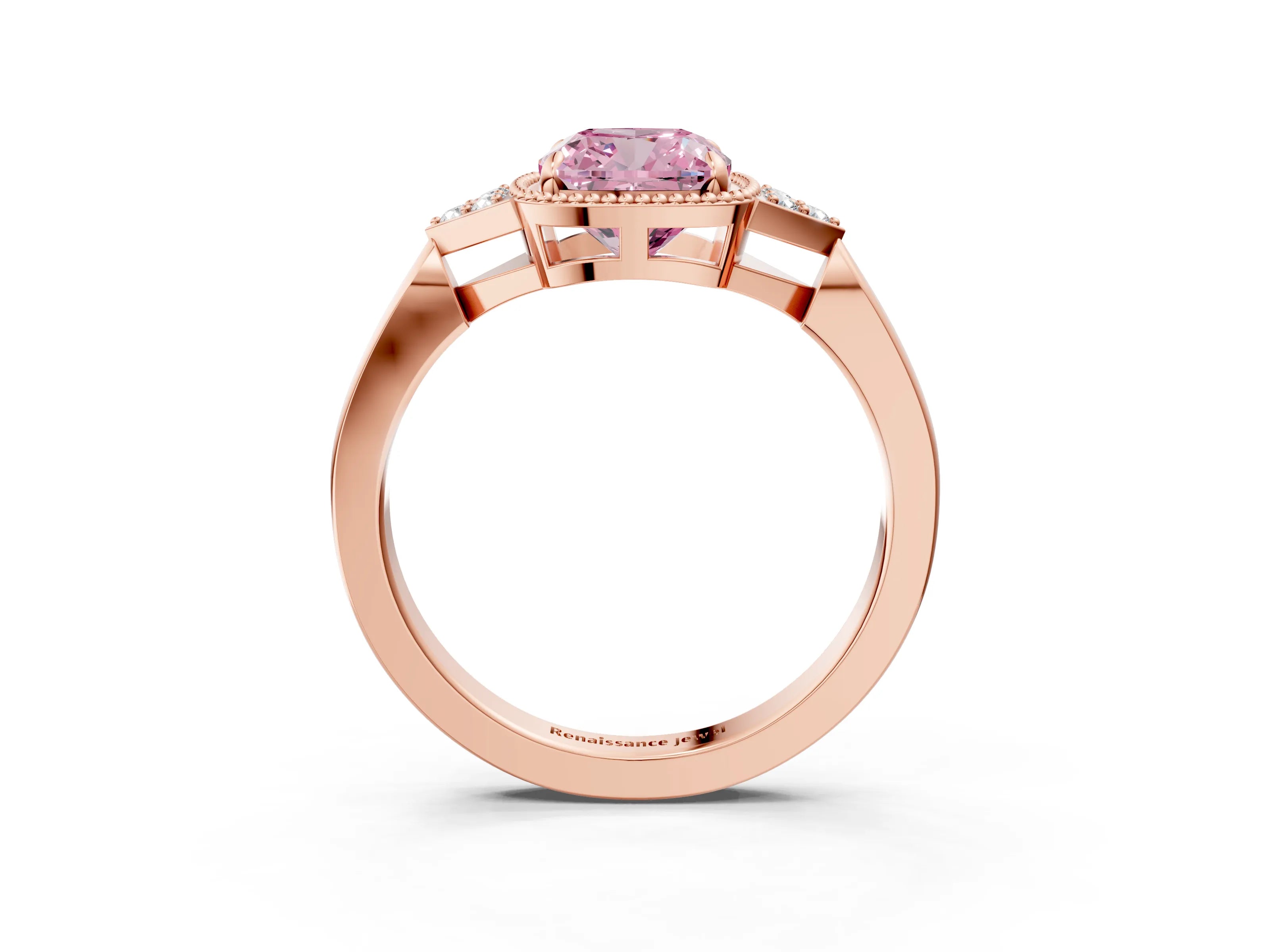 Rose gold Hexagonal Halo Fancy Pink Cushion Cut Diamond Solitaire with Pavé Band and Four-Prong Setting_6