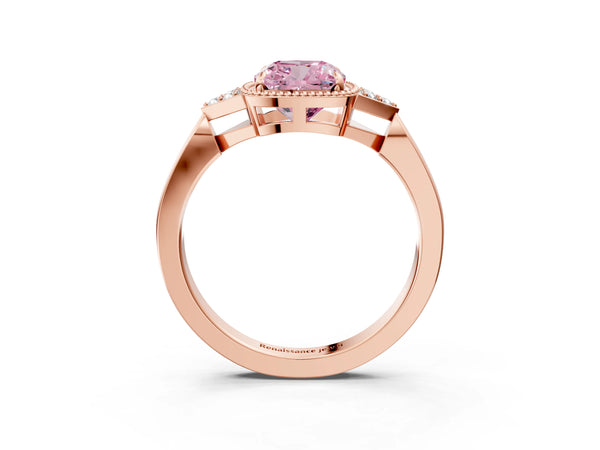 Rose gold Hexagonal Halo Fancy Pink Cushion Cut Diamond Solitaire with Pavé Band and Four-Prong Setting