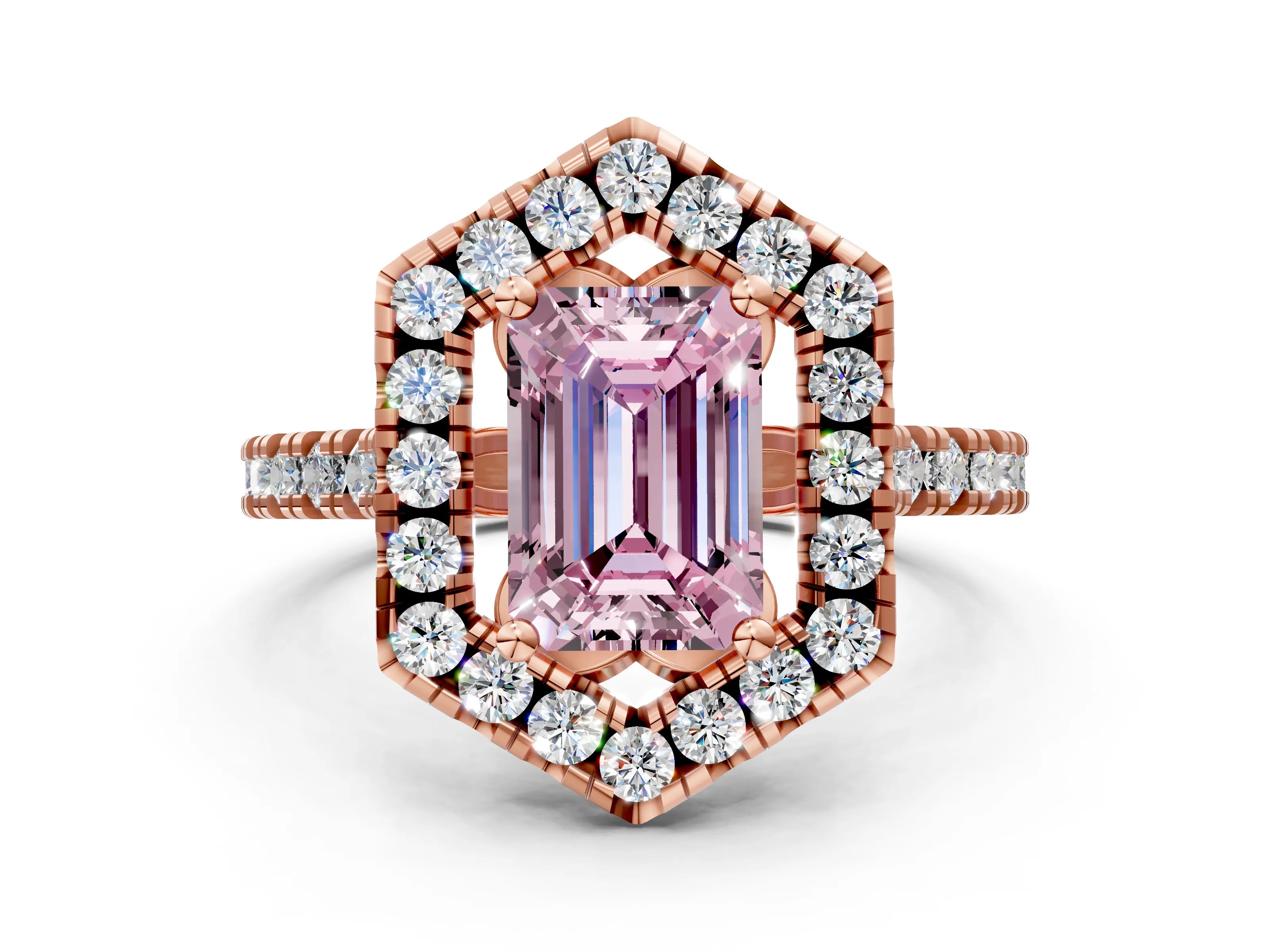 Rose gold Hexagonal Halo Fancy Pink Emerald Cut Diamond Pavé Band with Four-Prong Setting