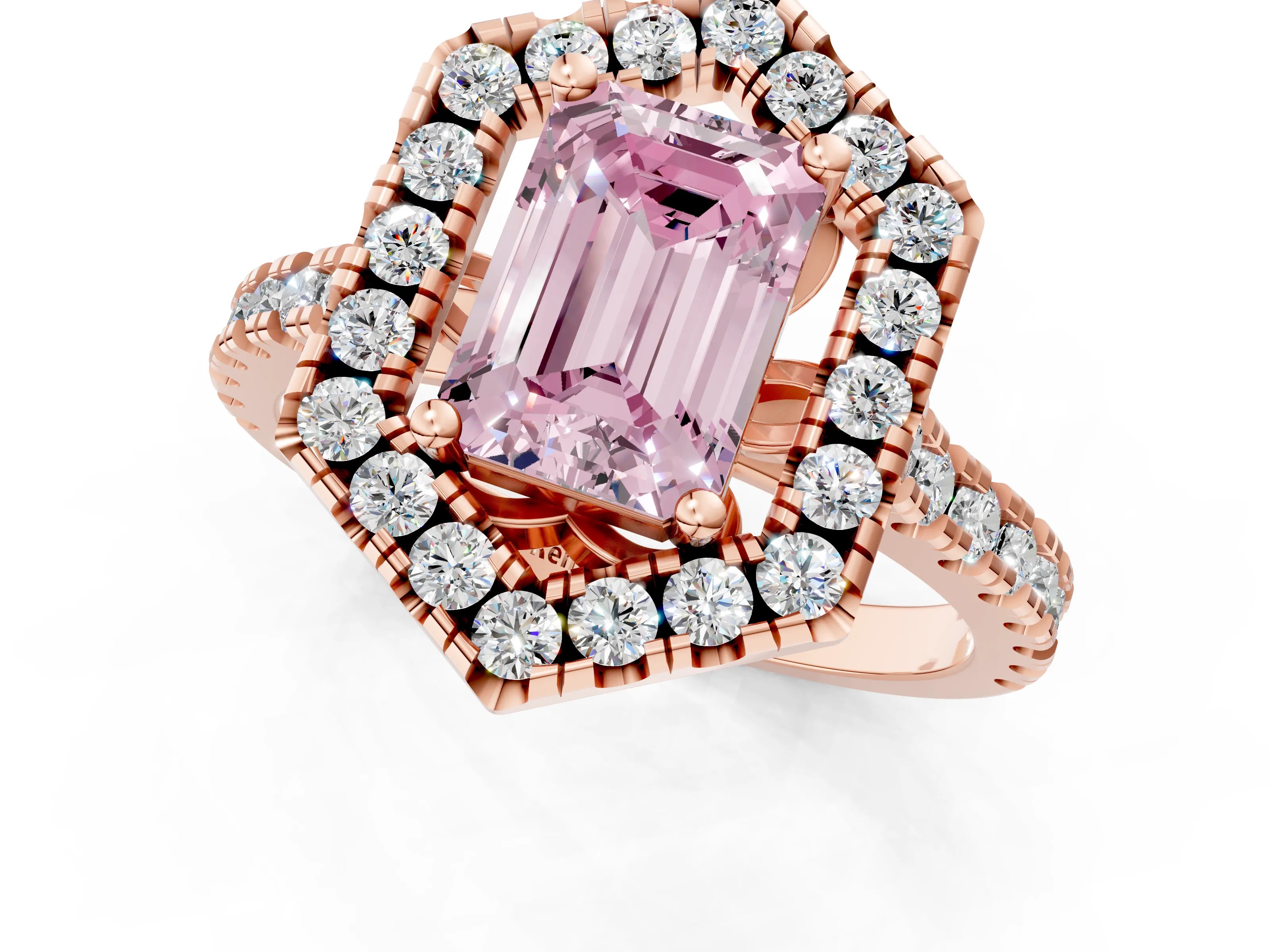 Rose gold Hexagonal Halo Fancy Pink Emerald Cut Diamond Pavé Band with Four-Prong Setting_1