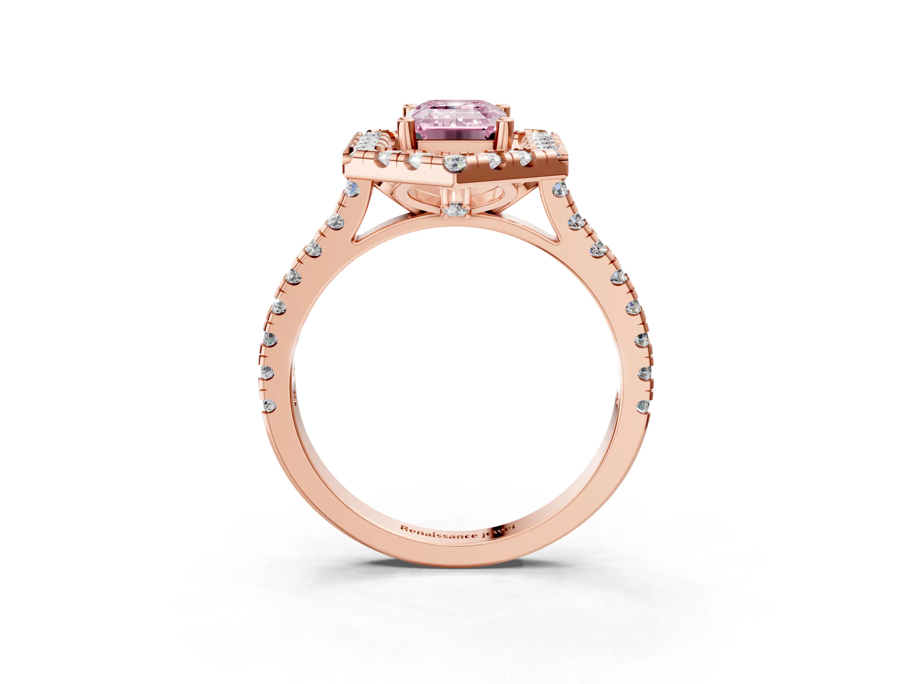 Rose gold Hexagonal Halo Fancy Pink Emerald Cut Diamond Pavé Band with Four-Prong Setting_3