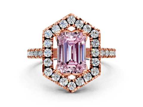 Rose gold Hexagonal Halo Fancy Pink Emerald Cut Diamond Pavé Band with Four-Prong Setting