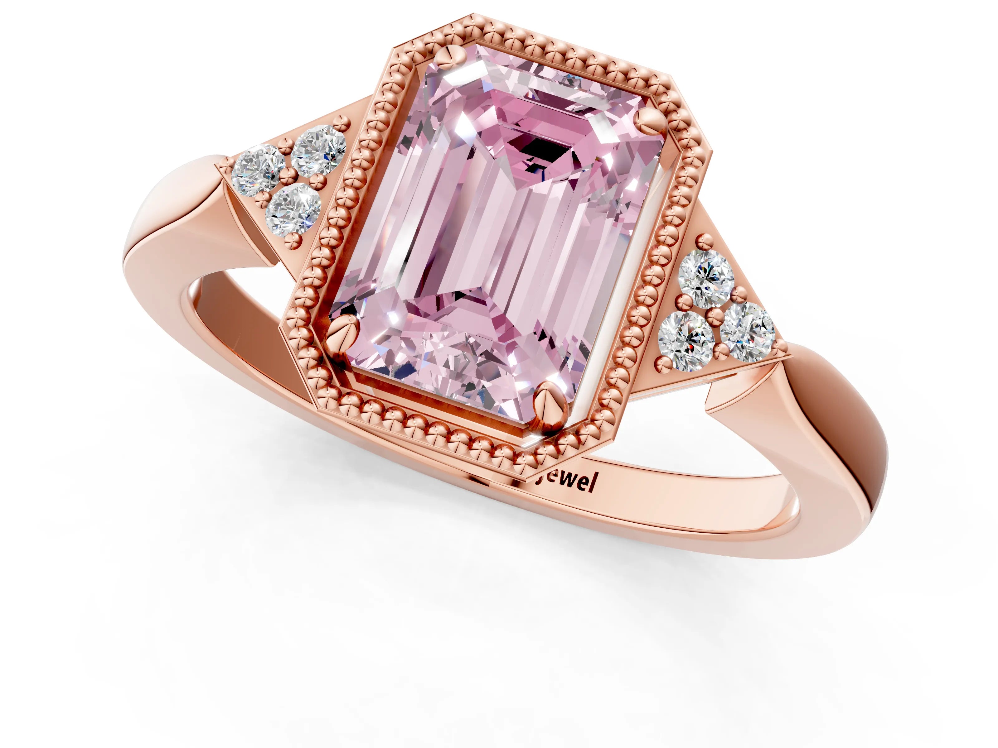 Rose gold Hexagonal Halo Fancy Pink Emerald Cut Diamond Solitaire with Pavé Band and Four-Prong Setting_4