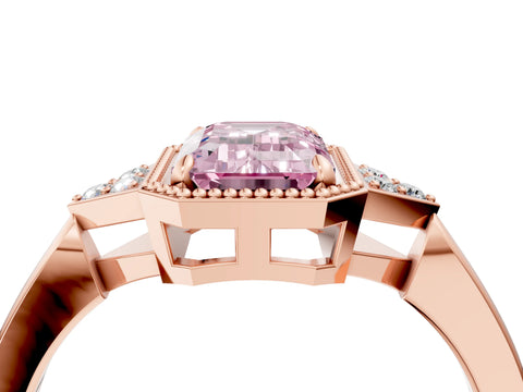 Rose gold Hexagonal Halo Fancy Pink Emerald Cut Diamond Solitaire with Pavé Band and Four-Prong Setting_7