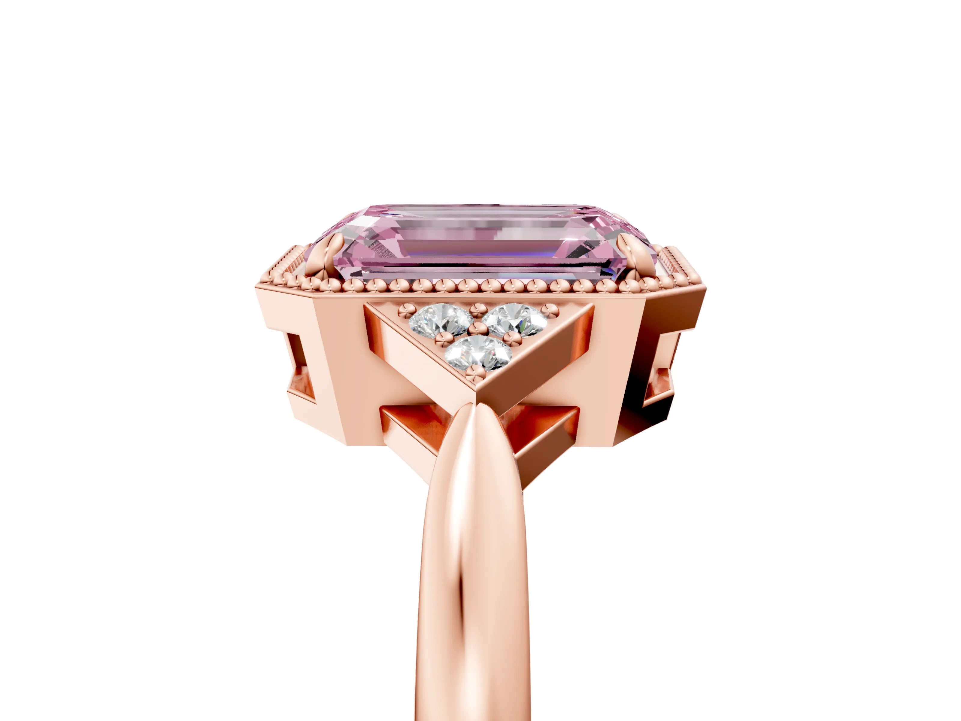 Rose gold Hexagonal Halo Fancy Pink Emerald Cut Diamond Solitaire with Pavé Band and Four-Prong Setting_8