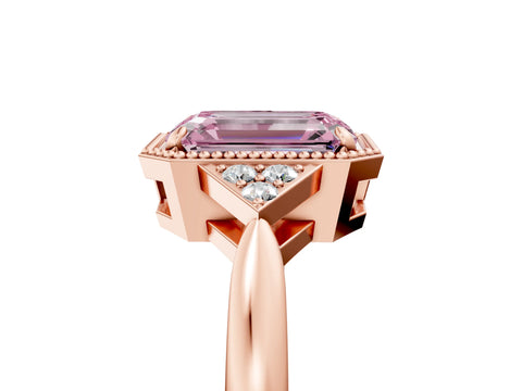 Rose gold Hexagonal Halo Fancy Pink Emerald Cut Diamond Solitaire with Pavé Band and Four-Prong Setting_8