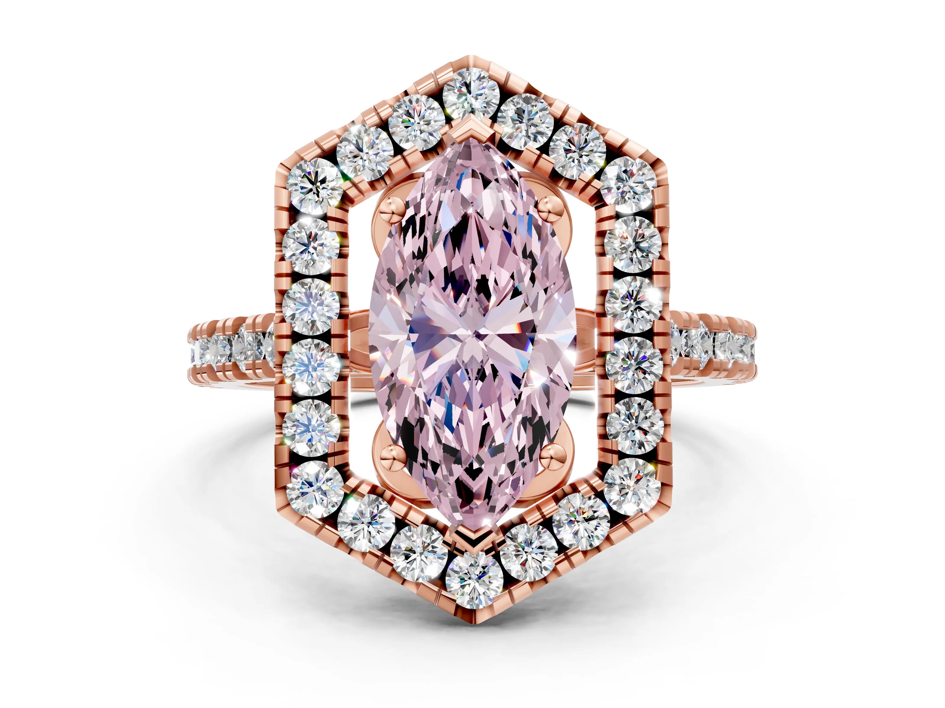 Rose gold Hexagonal Halo Fancy Pink Marquise Cut Diamond Pavé Band with Four-Prong Setting