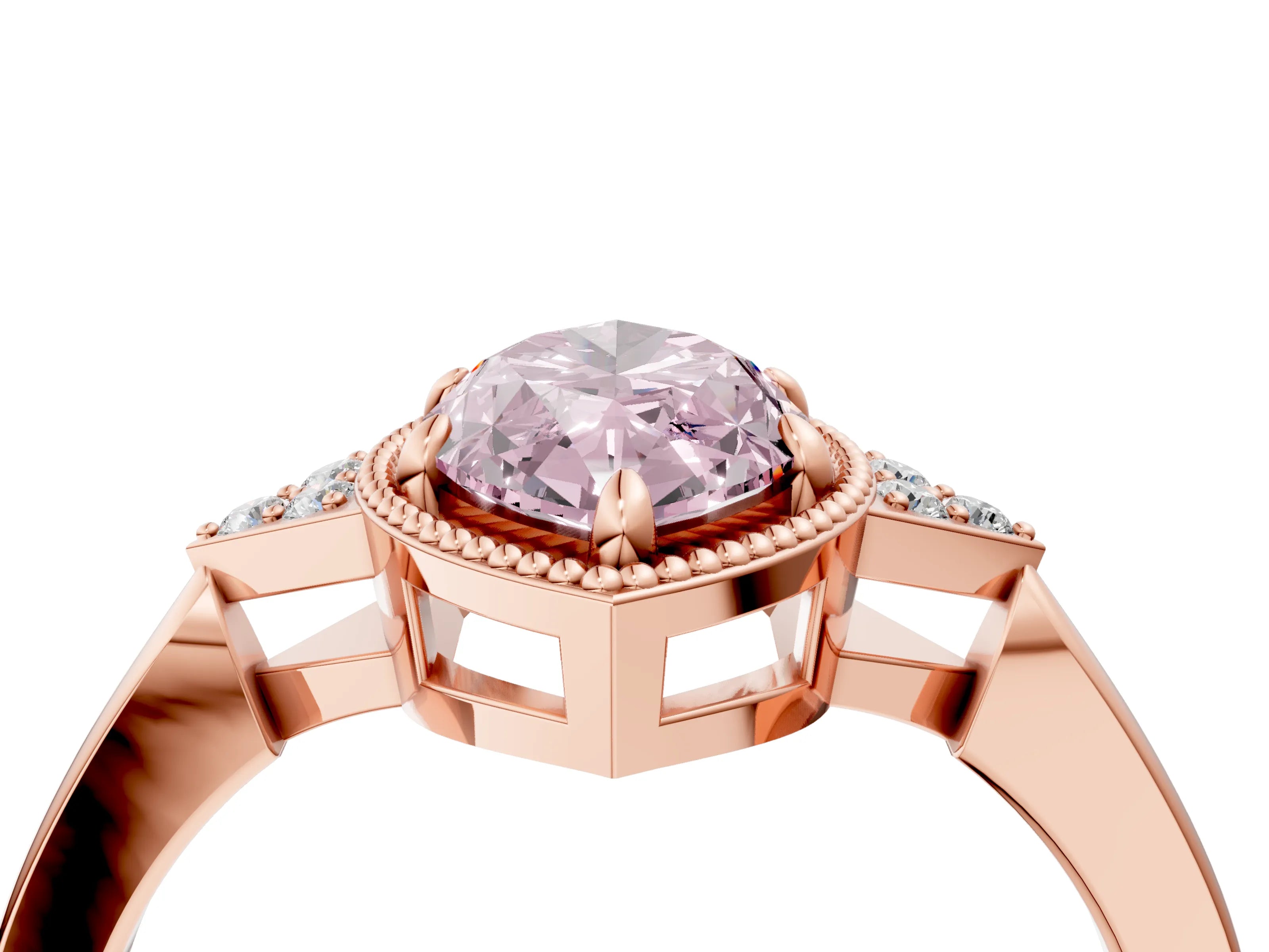 Rose gold Hexagonal Halo Fancy Pink Marquise Cut Diamond Solitaire with Pavé Band and Four-Prong Setting_7