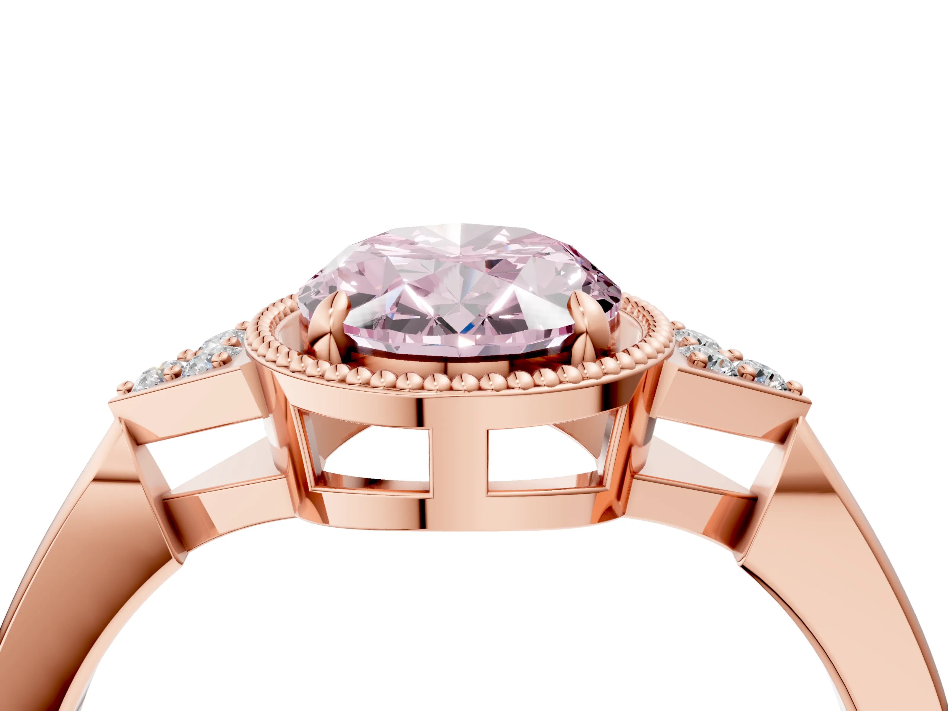Rose gold Hexagonal Halo Fancy Pink Oval Cut Diamond Solitaire with Pavé Band and Four-Prong Setting_7