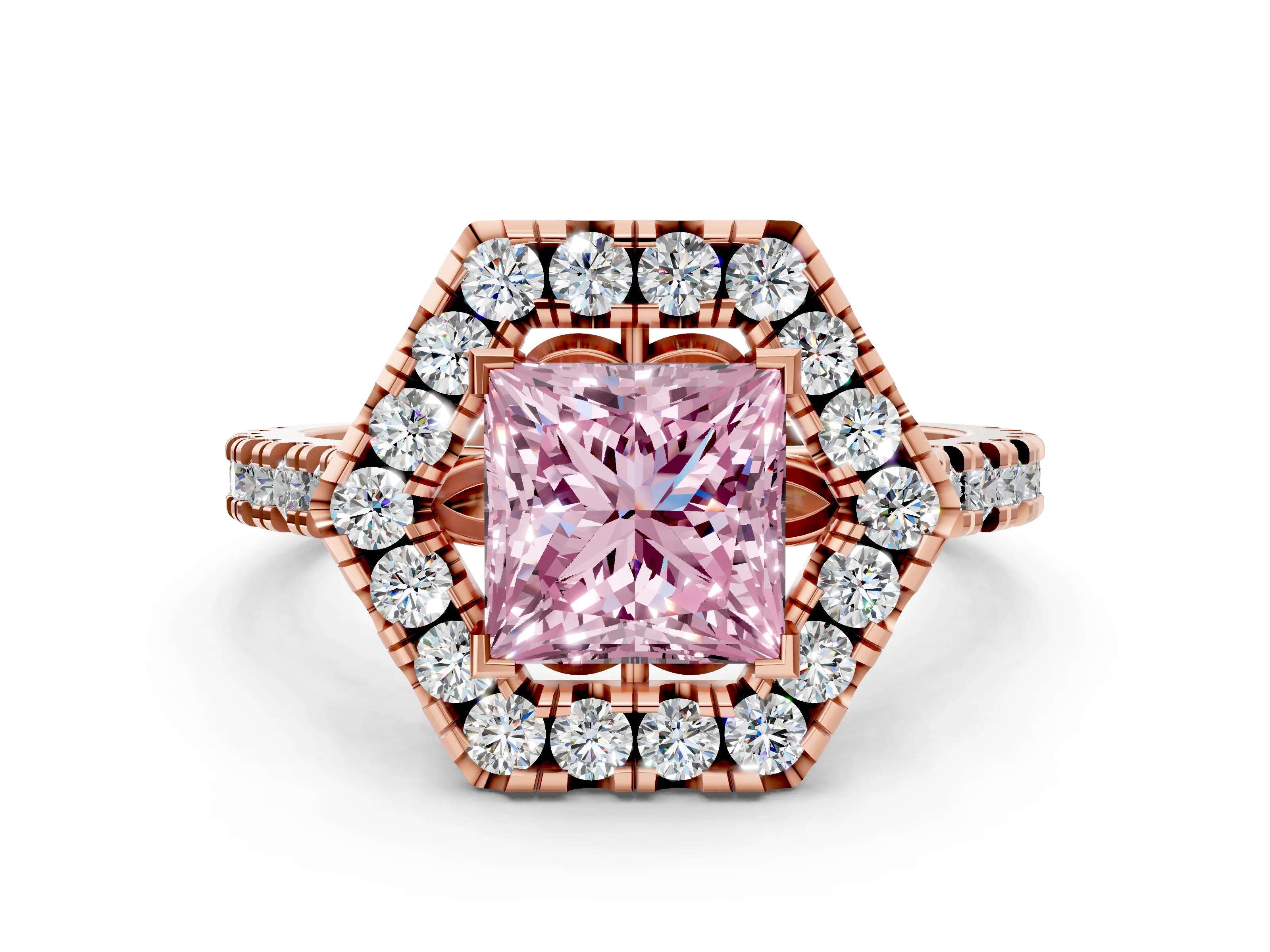 Rose gold Hexagonal Halo Fancy Pink Princess Cut Diamond Pavé Band with Four-Prong Setting