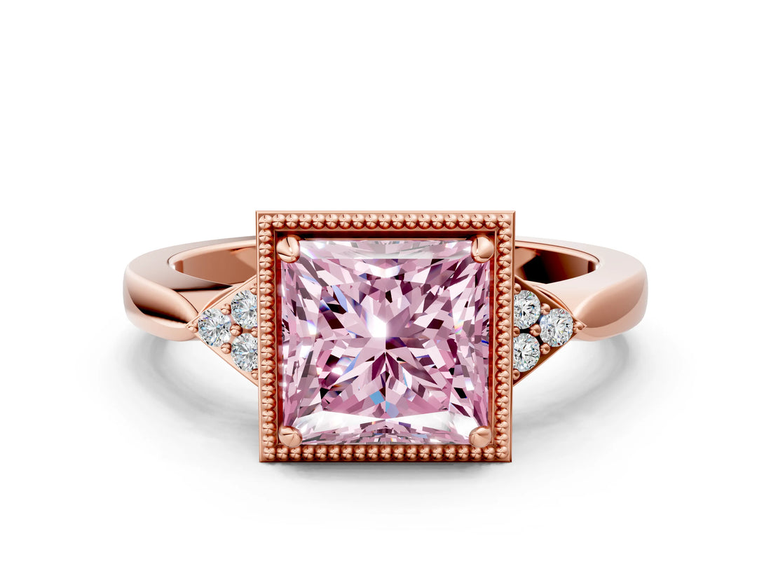 Rose gold Hexagonal Halo Fancy Pink Princess Cut Diamond Solitaire with Pavé Band and Four-Prong Setting_3