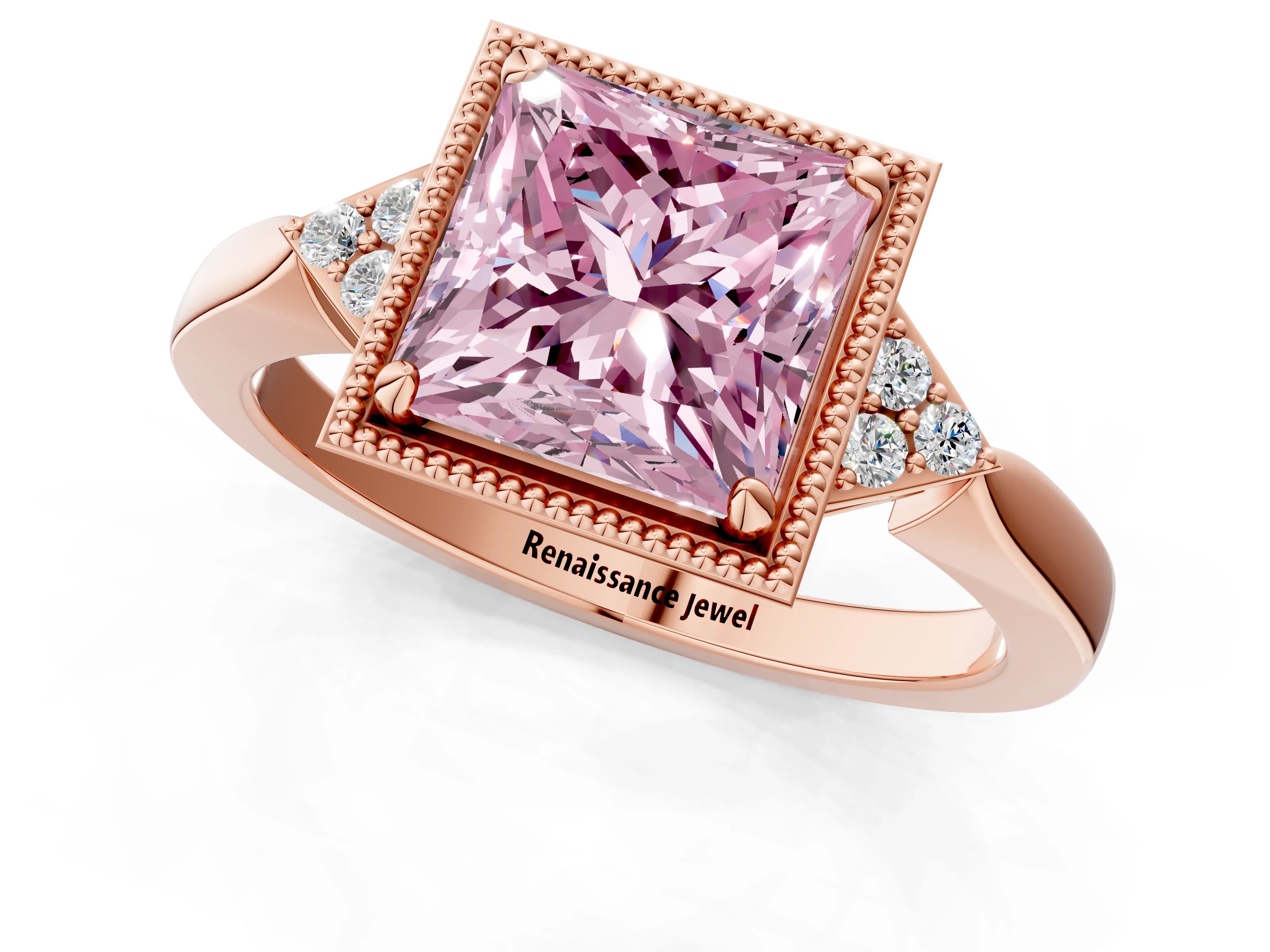 Rose gold Hexagonal Halo Fancy Pink Princess Cut Diamond Solitaire with Pavé Band and Four-Prong Setting_4