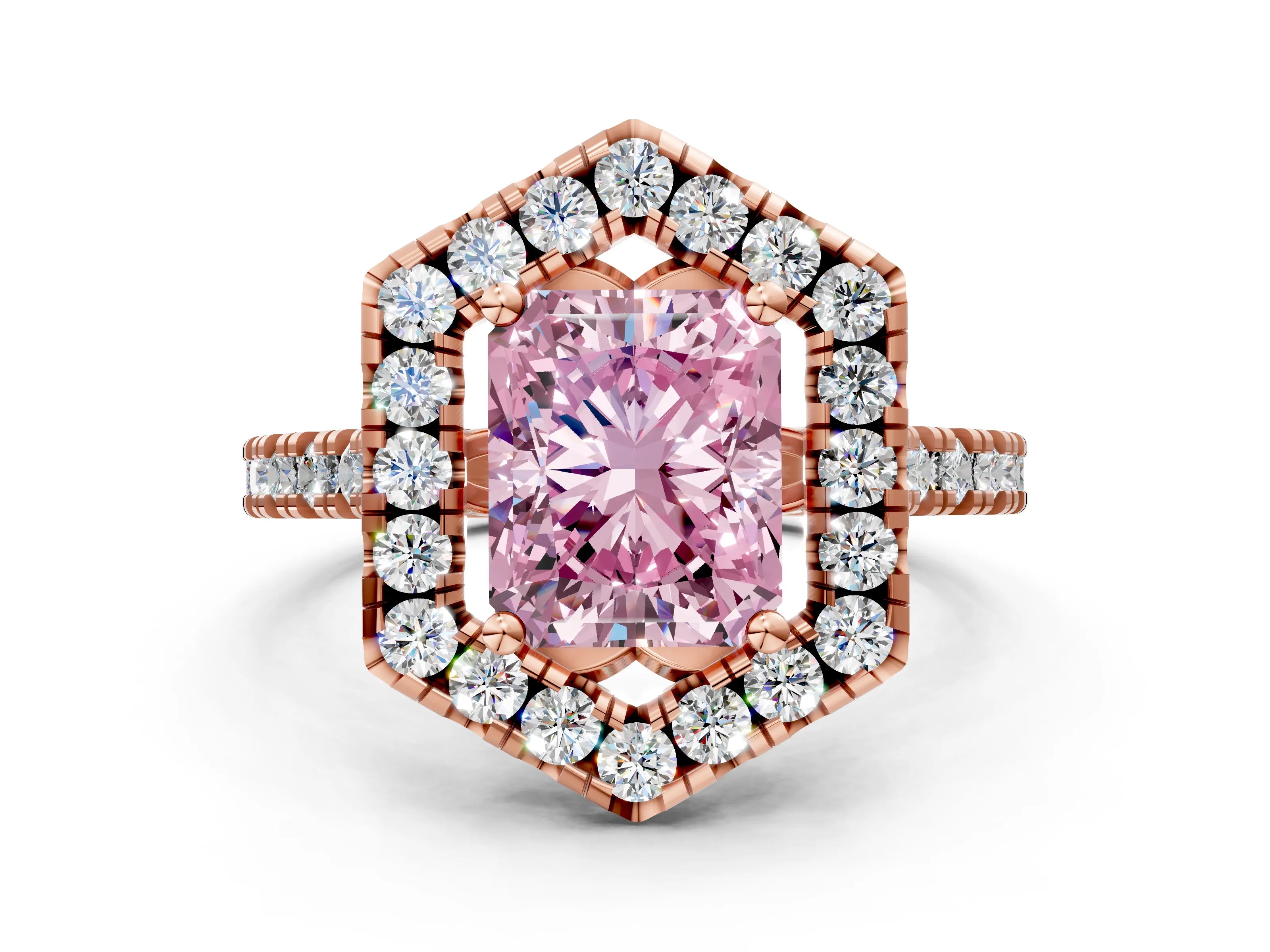 Rose gold Hexagonal Halo Fancy Pink Radiant Cut Diamond Pavé Band with Four-Prong Setting