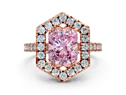 Rose gold Hexagonal Halo Fancy Pink Radiant Cut Diamond Pavé Band with Four-Prong Setting
