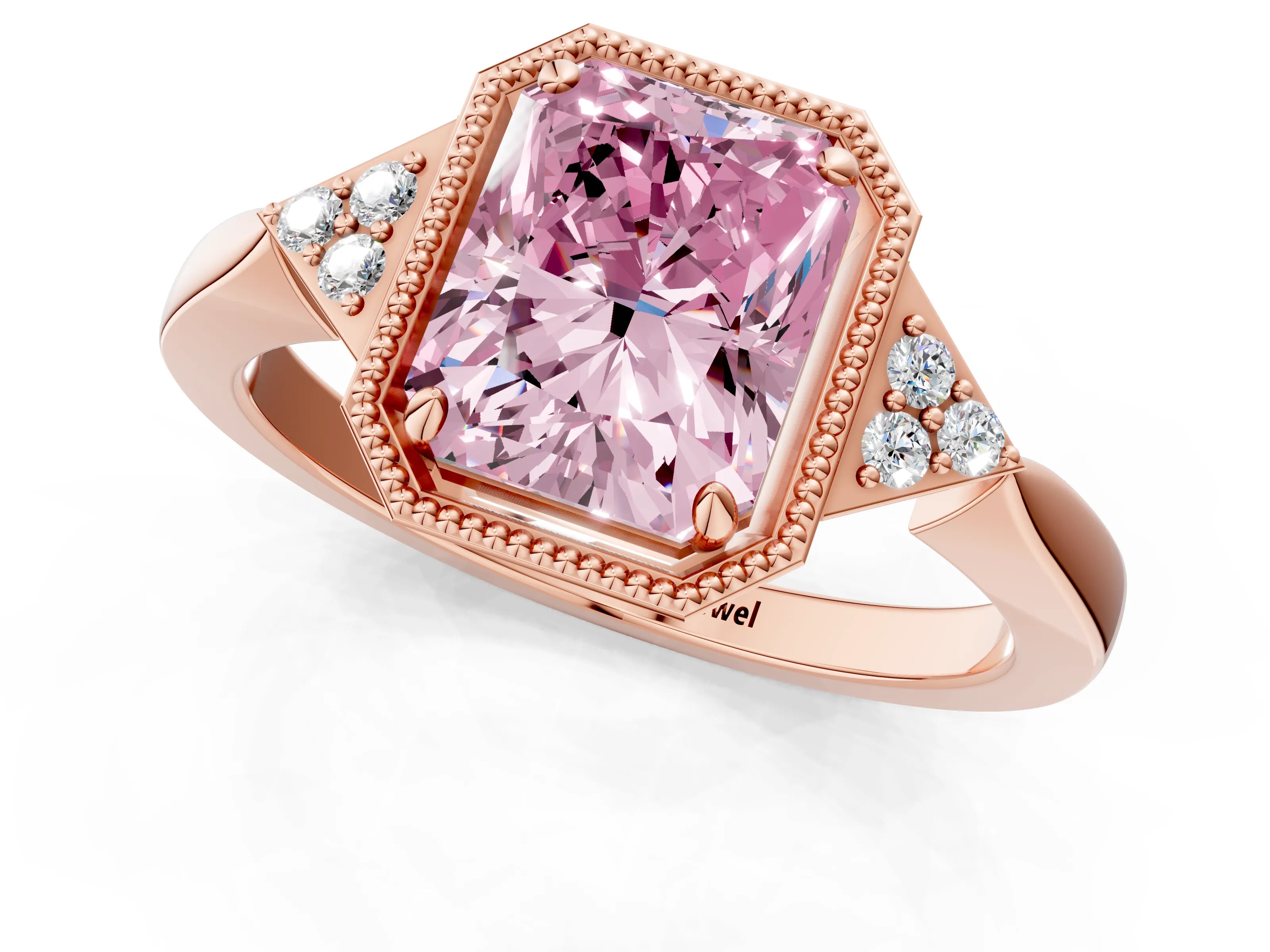 Rose gold Hexagonal Halo Fancy Pink Radiant Cut Diamond Solitaire with Pavé Band and Four-Prong Setting_4