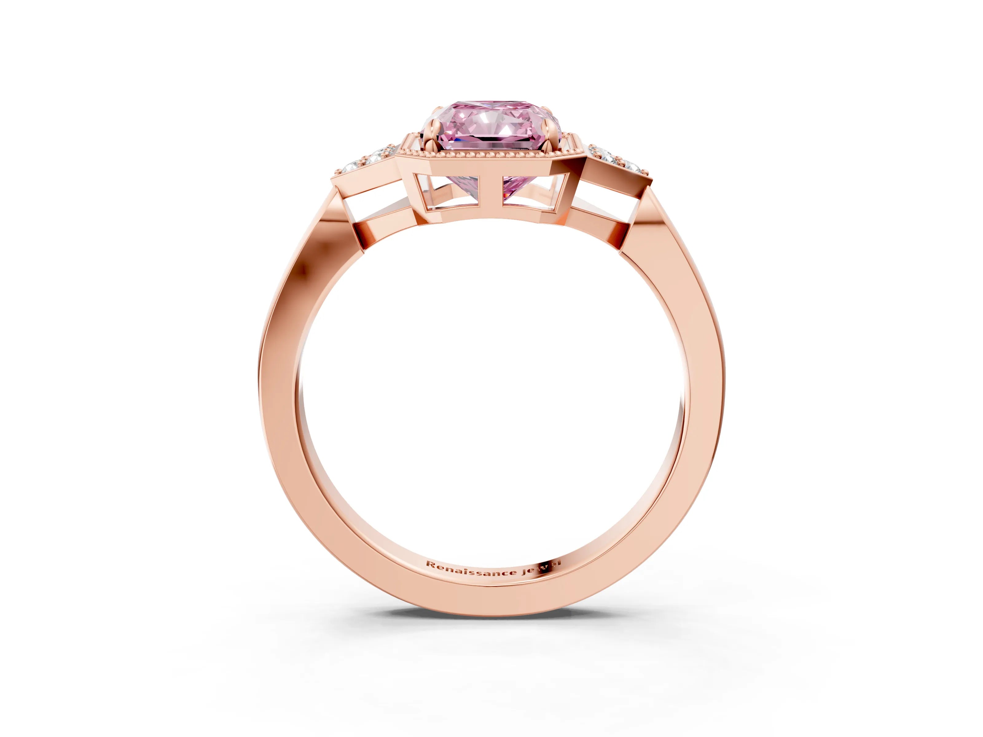 Rose gold Hexagonal Halo Fancy Pink Radiant Cut Diamond Solitaire with Pavé Band and Four-Prong Setting_6