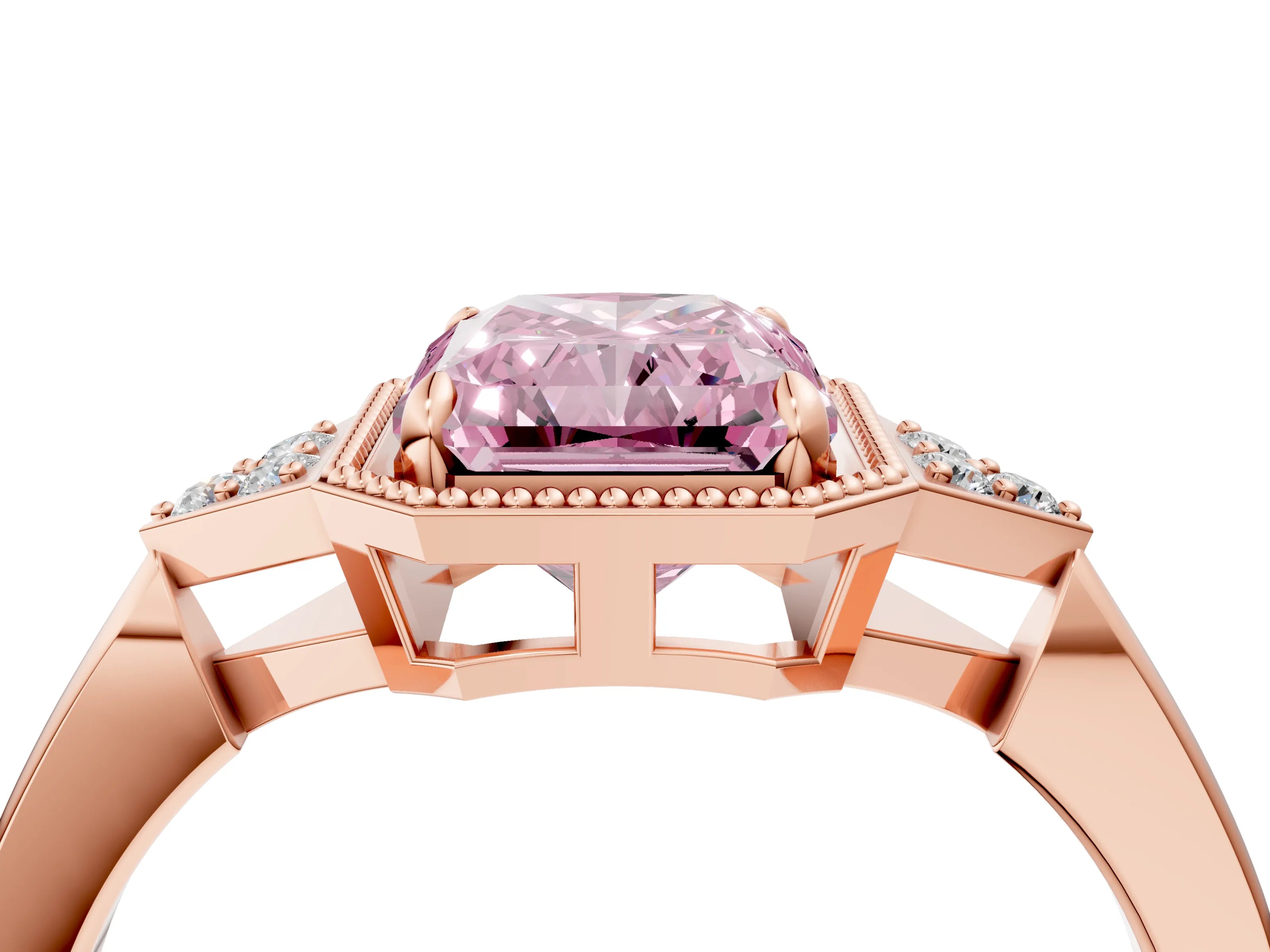Rose gold Hexagonal Halo Fancy Pink Radiant Cut Diamond Solitaire with Pavé Band and Four-Prong Setting_7