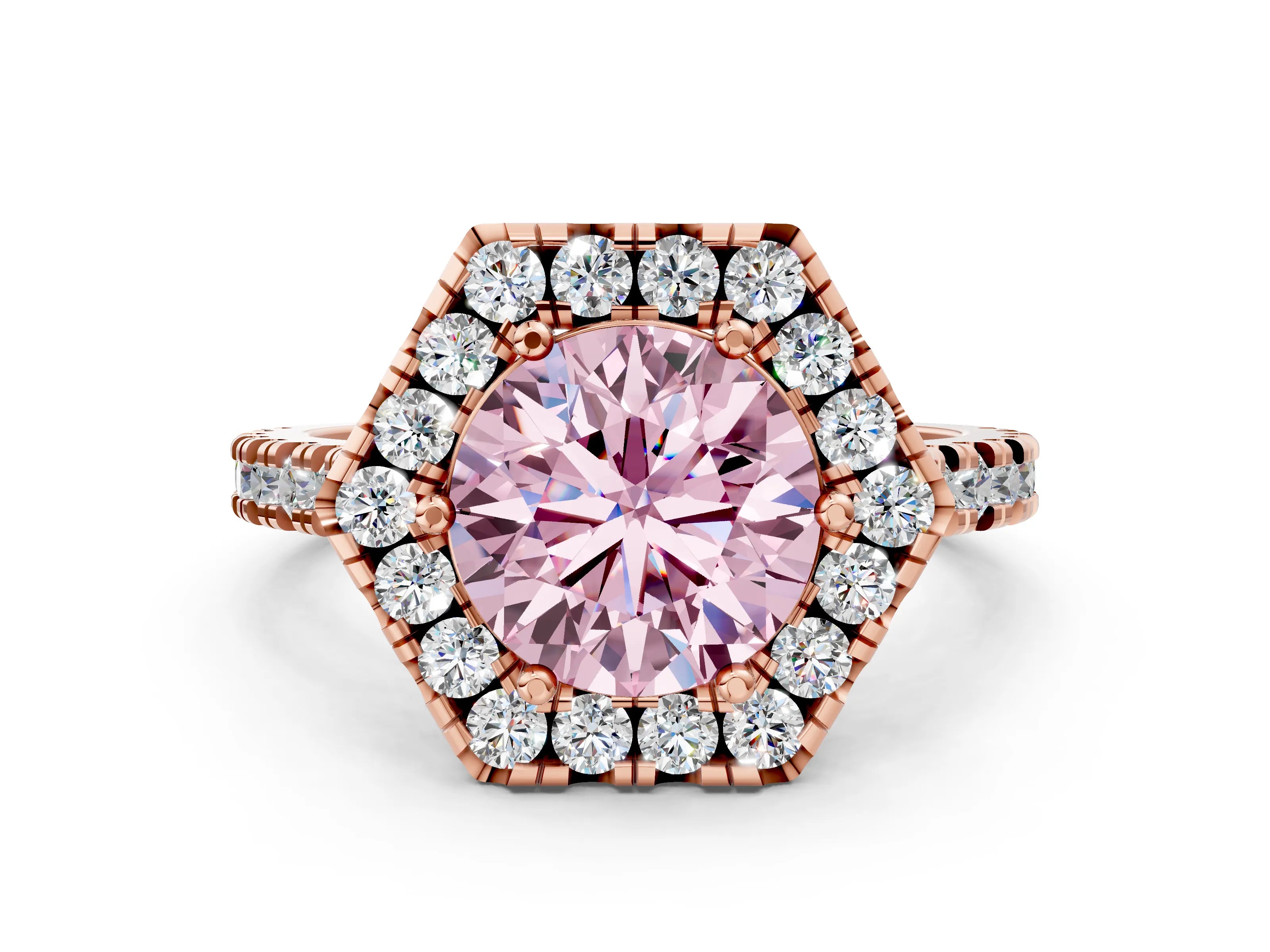 Rose gold Hexagonal Halo Fancy Pink Round Cut Diamond Pavé Band with Four-Prong Setting_12