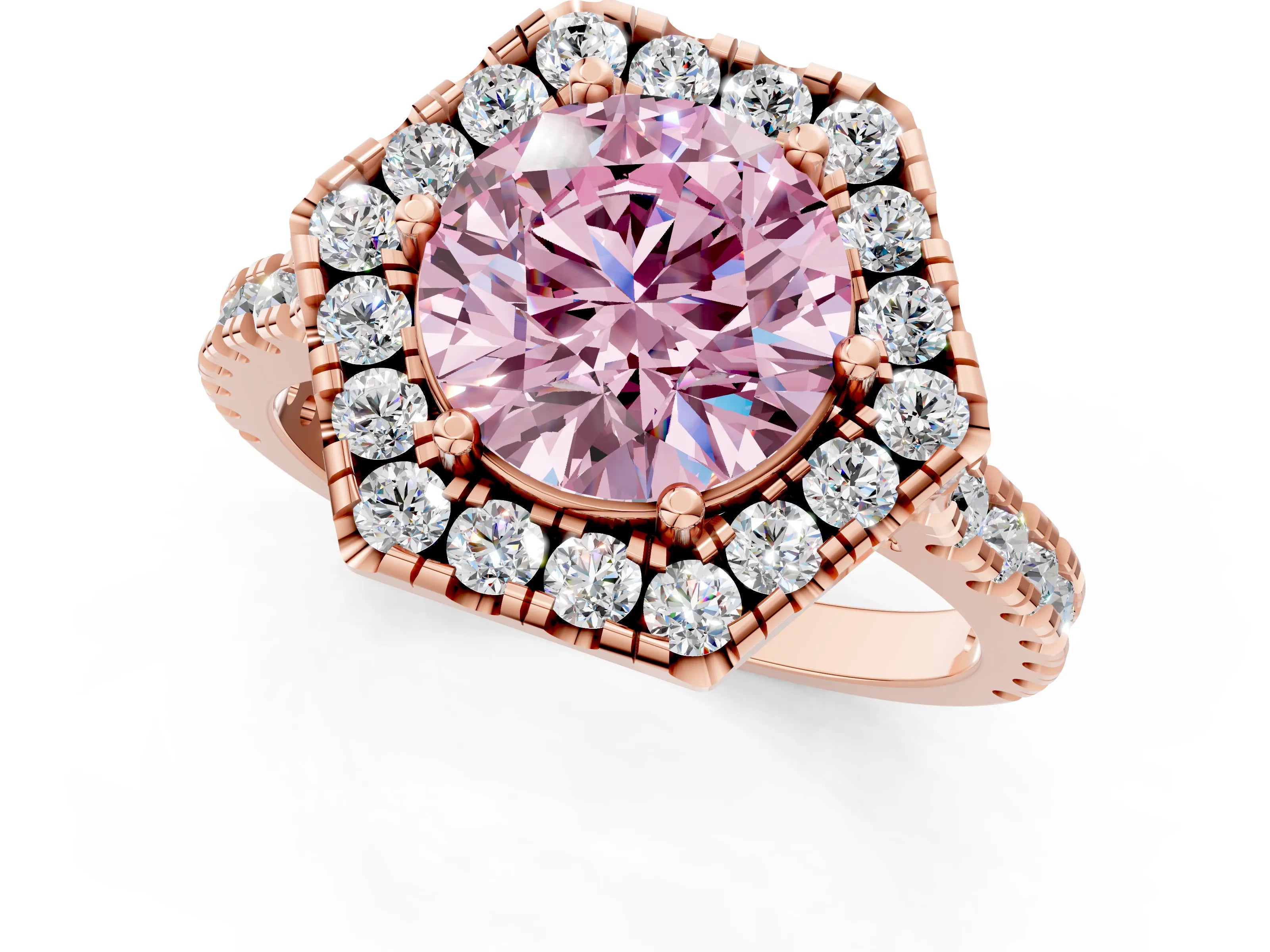 Rose gold Hexagonal Halo Fancy Pink Round Cut Diamond Pavé Band with Four-Prong Setting_13