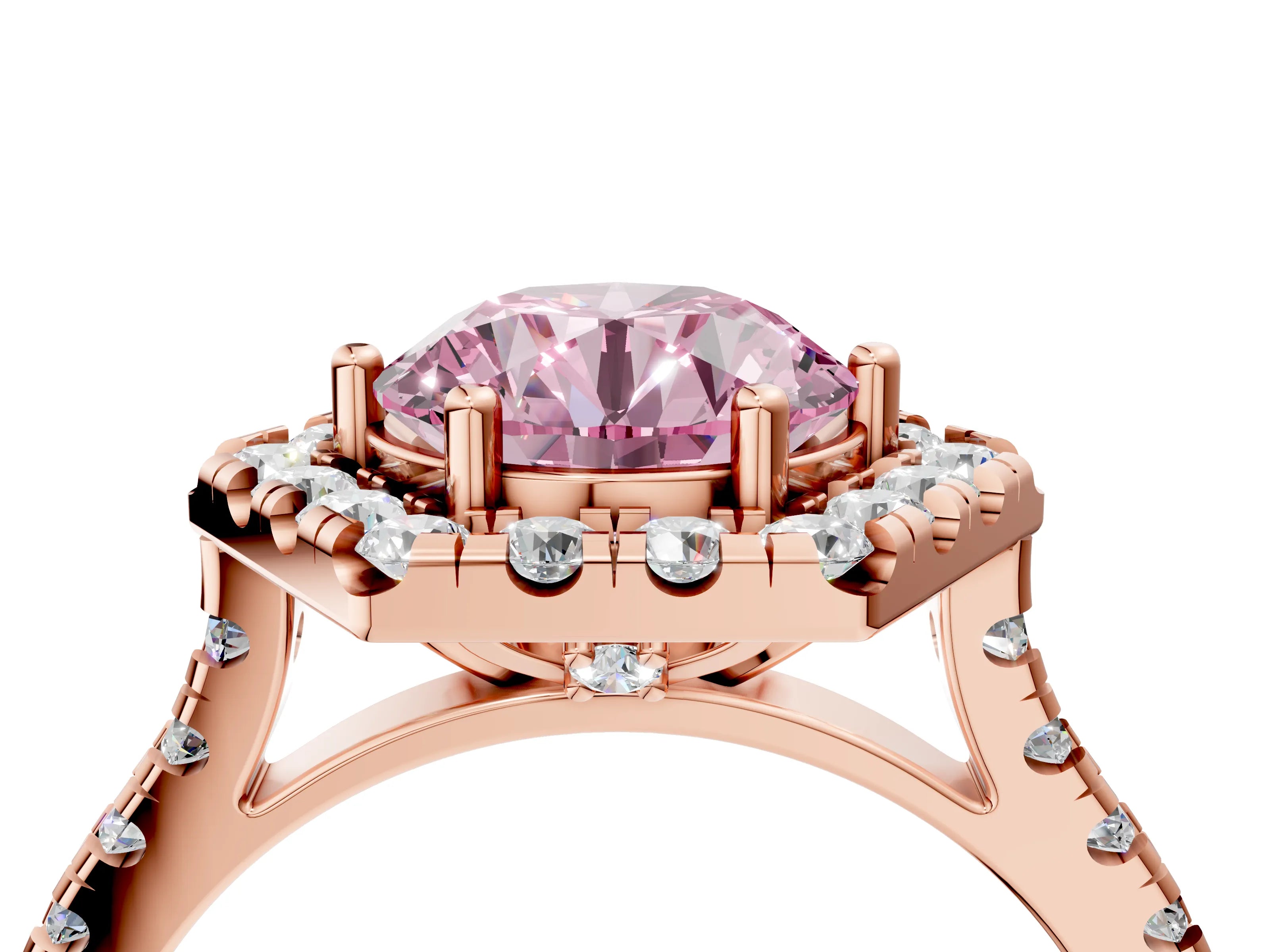 Rose gold Hexagonal Halo Fancy Pink Round Cut Diamond Pavé Band with Four-Prong Setting_16