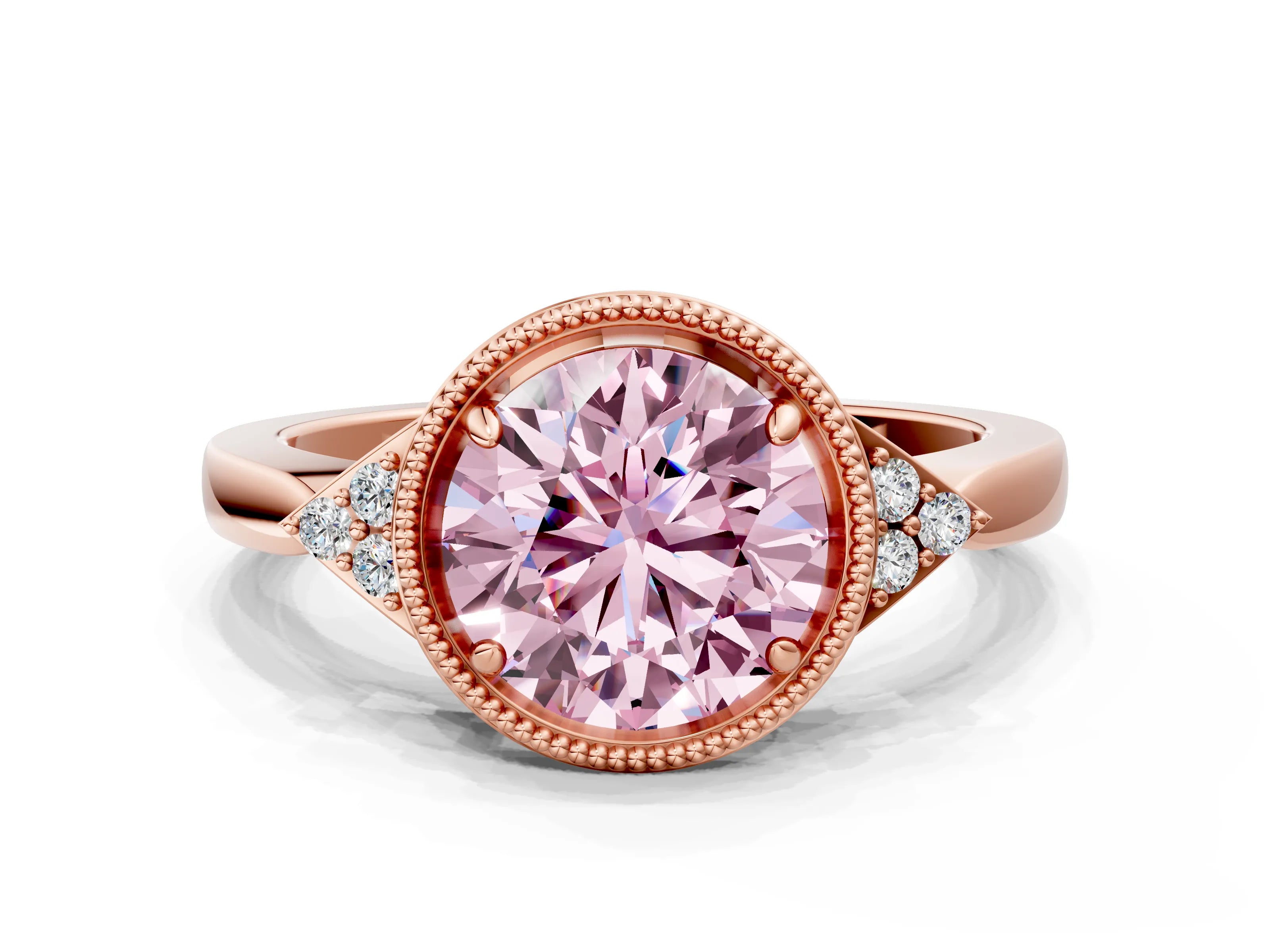 Rose gold Hexagonal Halo Fancy Pink Round Cut Diamond Solitaire with Pavé Band and Four-Prong Setting_3