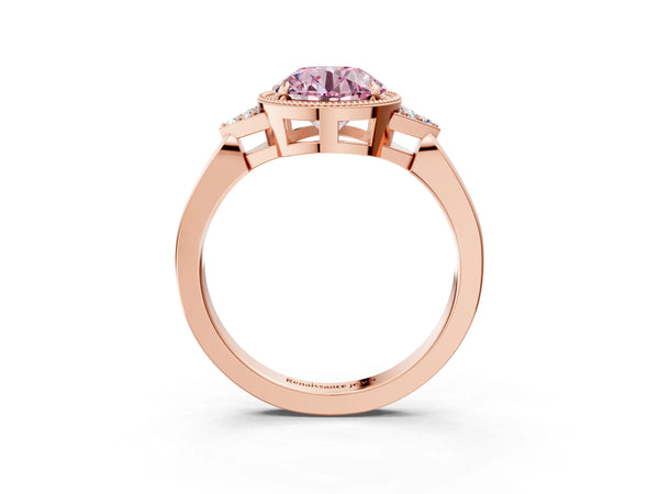 Rose gold Hexagonal Halo Fancy Pink Round Cut Diamond Solitaire with Pavé Band and Four-Prong Setting