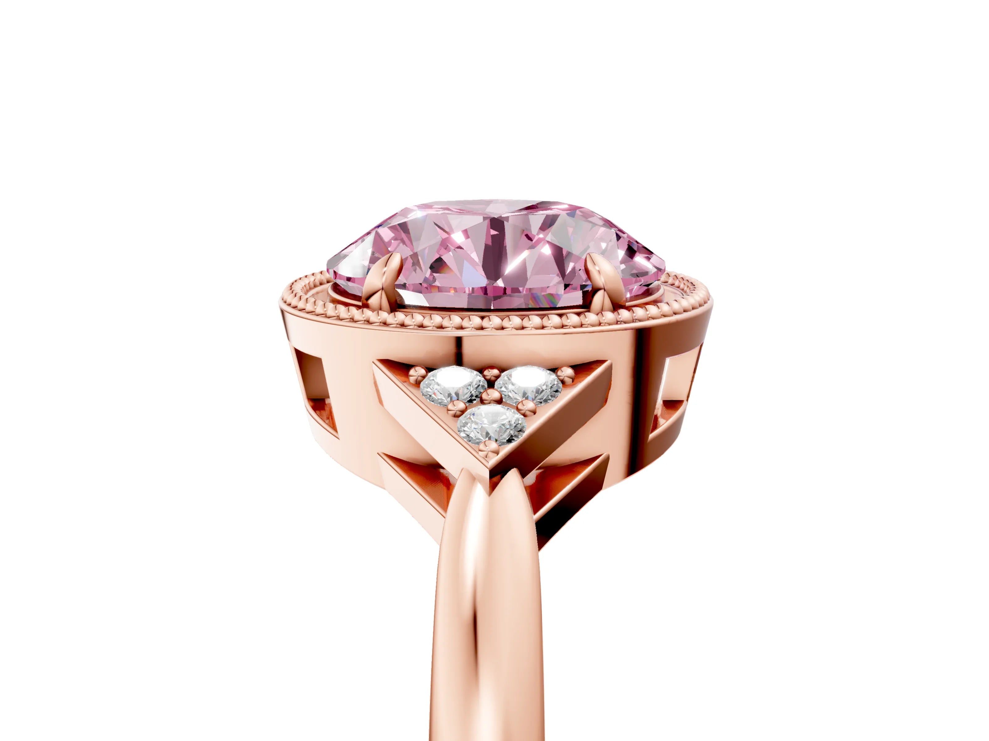 Rose gold Hexagonal Halo Fancy Pink Round Cut Diamond Solitaire with Pavé Band and Four-Prong Setting_8