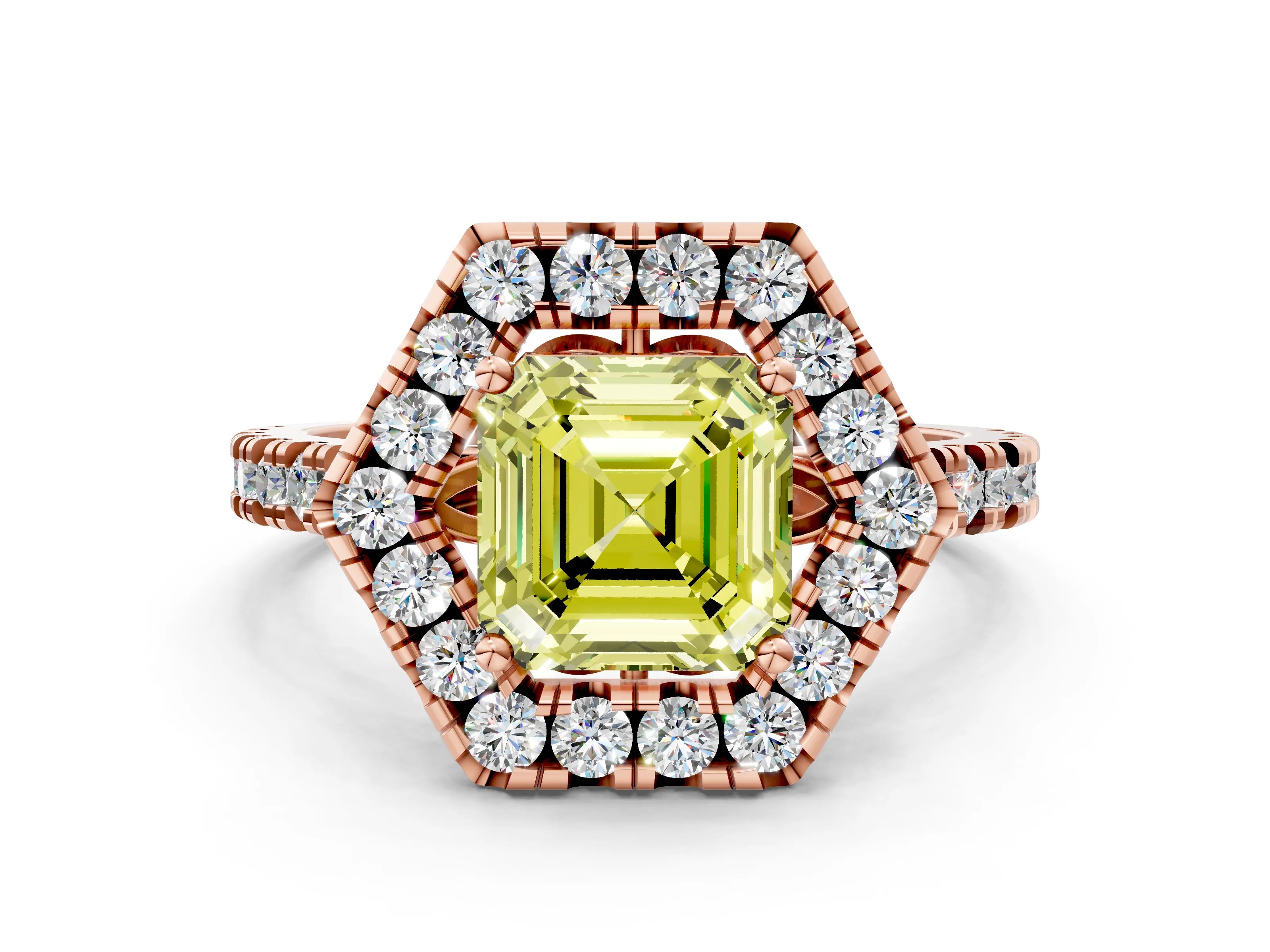 Rose gold Hexagonal Halo Fancy Yellow Asscher Cut Diamond Pavé Band with Four-Prong Setting
