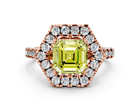Rose gold Hexagonal Halo Fancy Yellow Asscher Cut Diamond Pavé Band with Four-Prong Setting