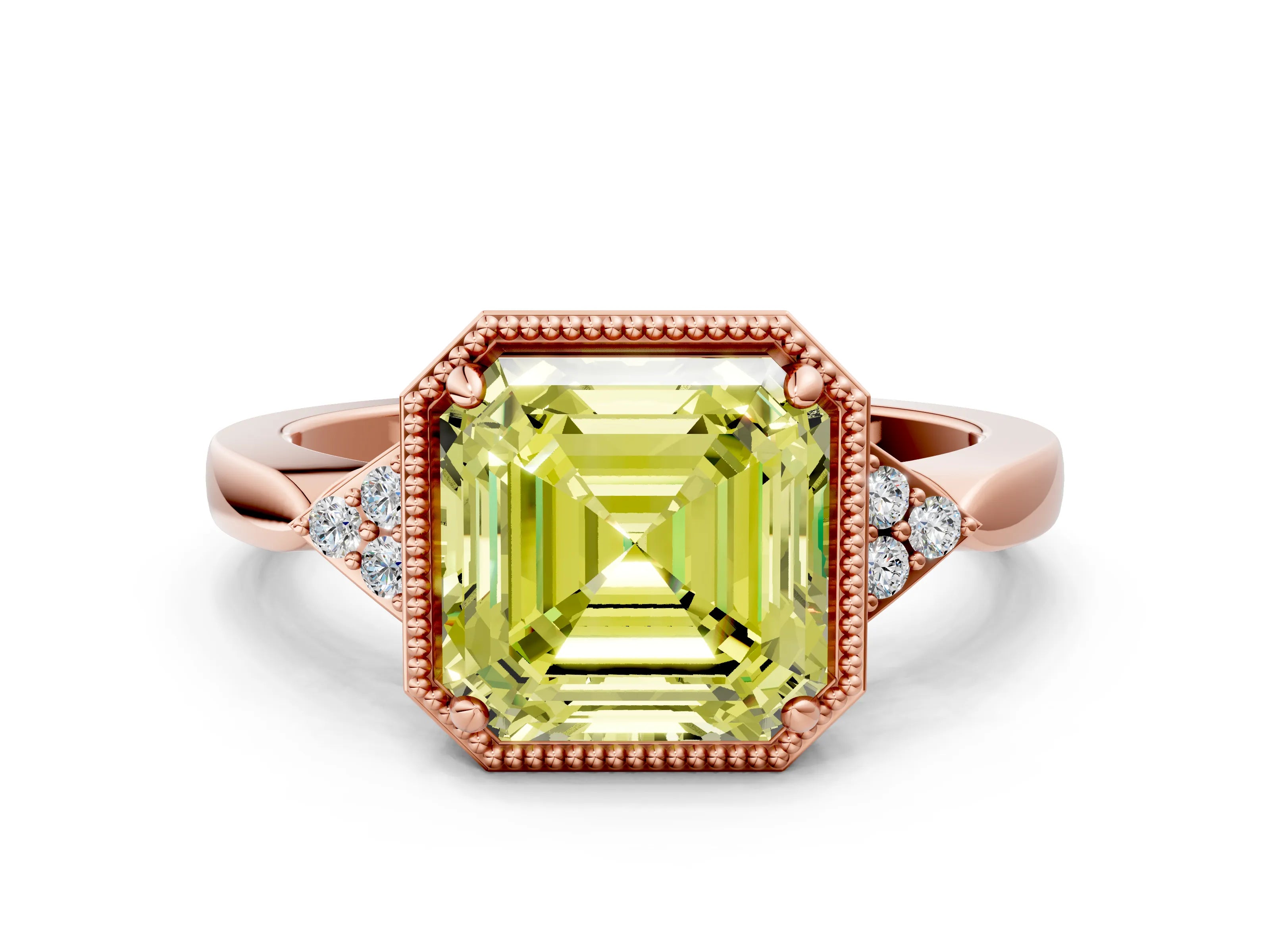 Rose gold Hexagonal Halo Fancy Yellow Asscher Cut Diamond Solitaire with Pavé Band and Four-Prong Setting_3