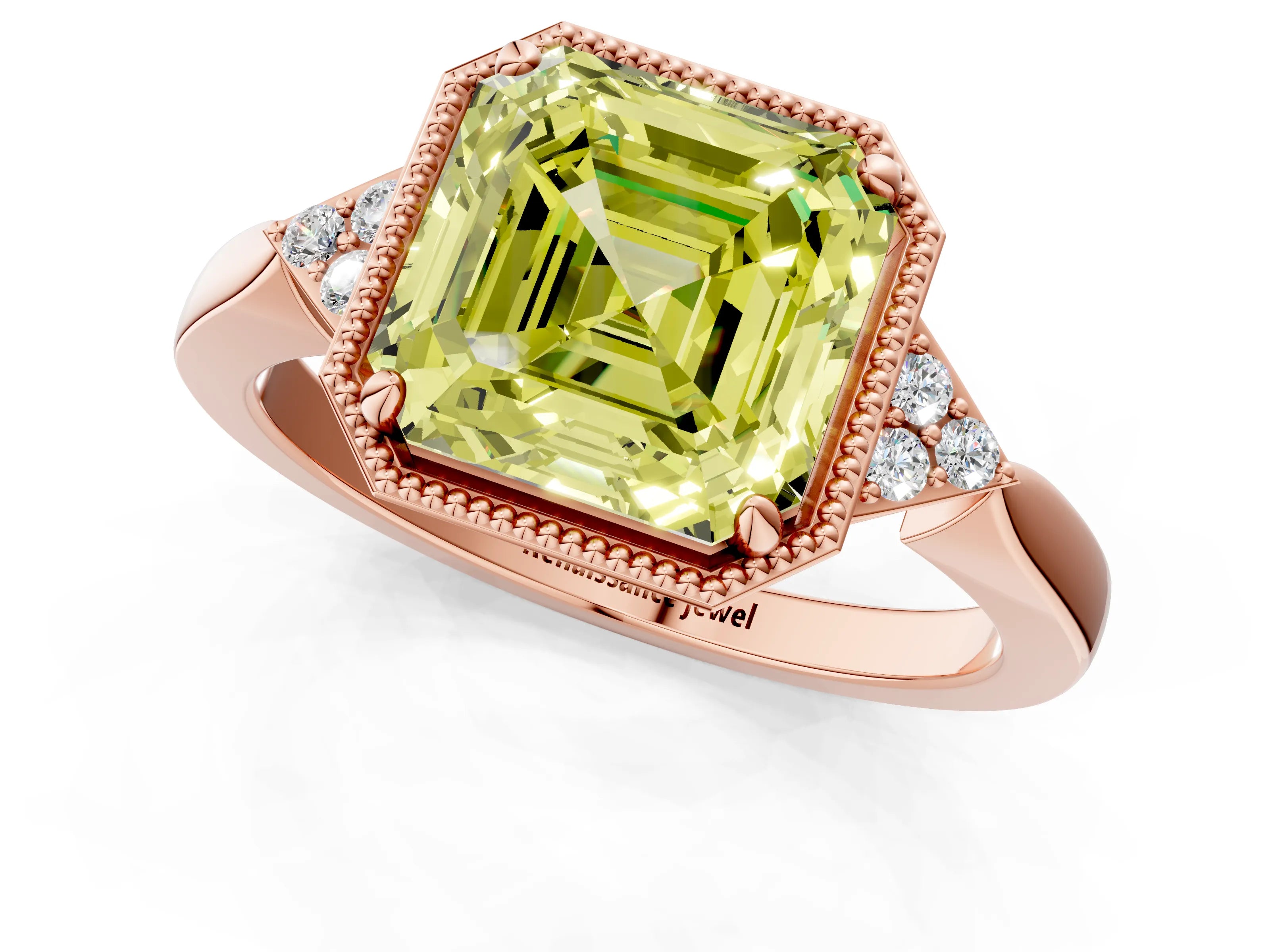 Rose gold Hexagonal Halo Fancy Yellow Asscher Cut Diamond Solitaire with Pavé Band and Four-Prong Setting_4